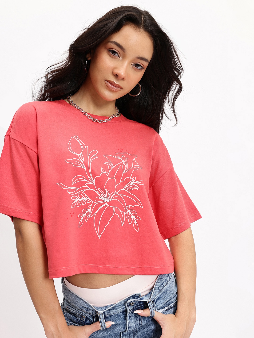 

DressBerry Barbiecore Floral Crop T-shirt, Pink