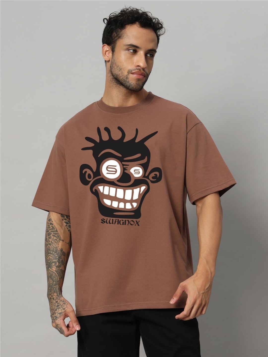

SWAGNOX Men Graphic Printed Round Neck Cotton Oversized T-shirt, Brown