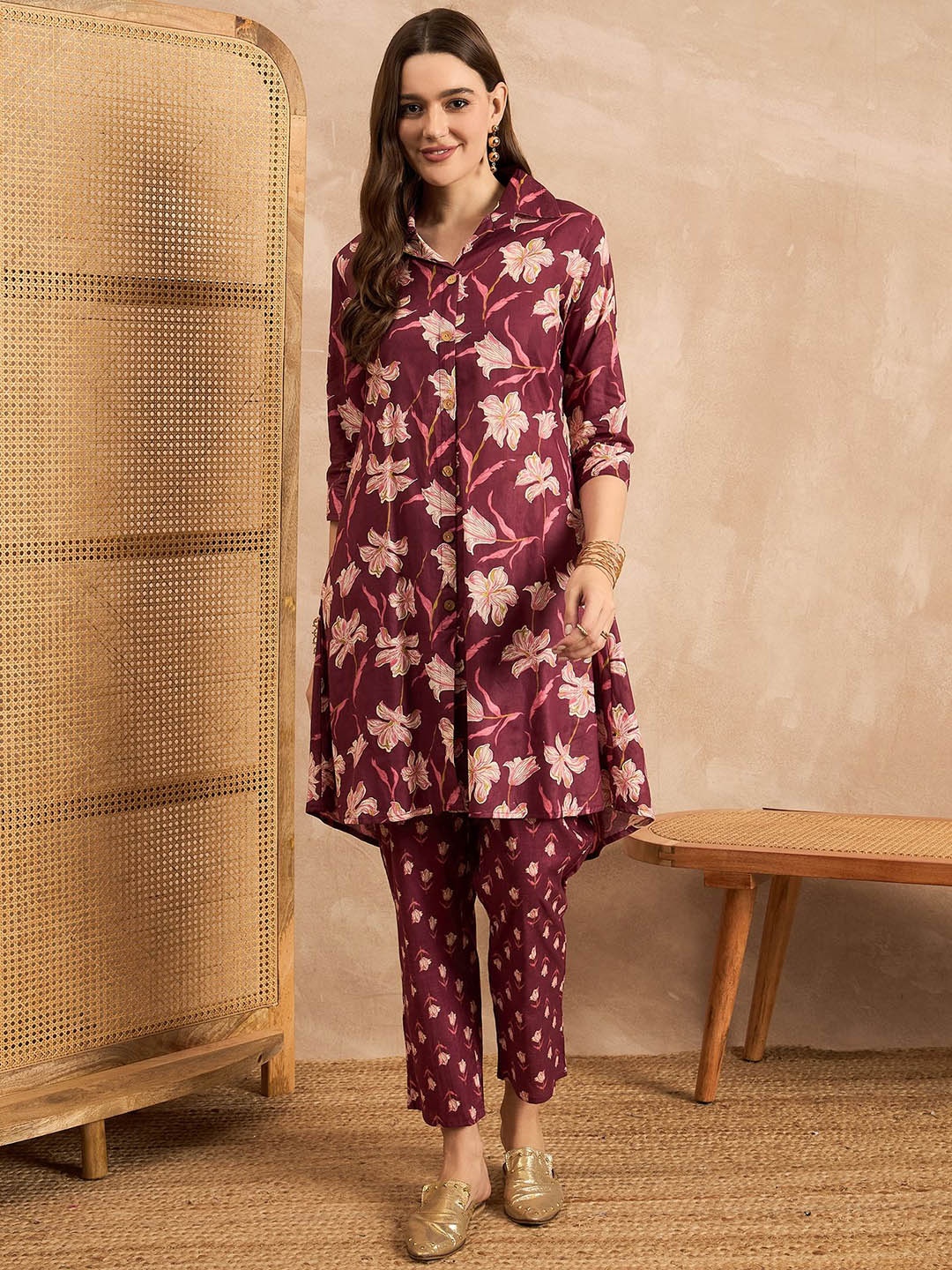 

BAESD Printed Shirt Collar Pure Cotton Tunic With Trouser, Maroon