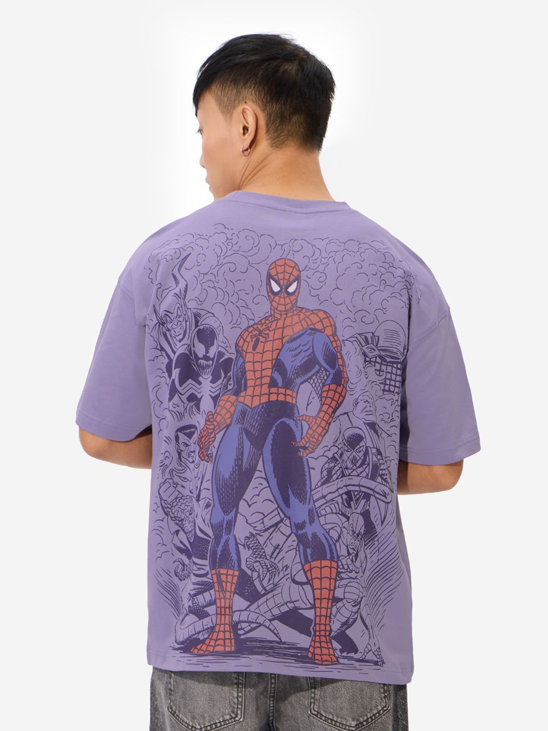 

The Souled Store Men Spider-Man Graphic Printed Round Neck Cotton Oversized T-shirt, Purple