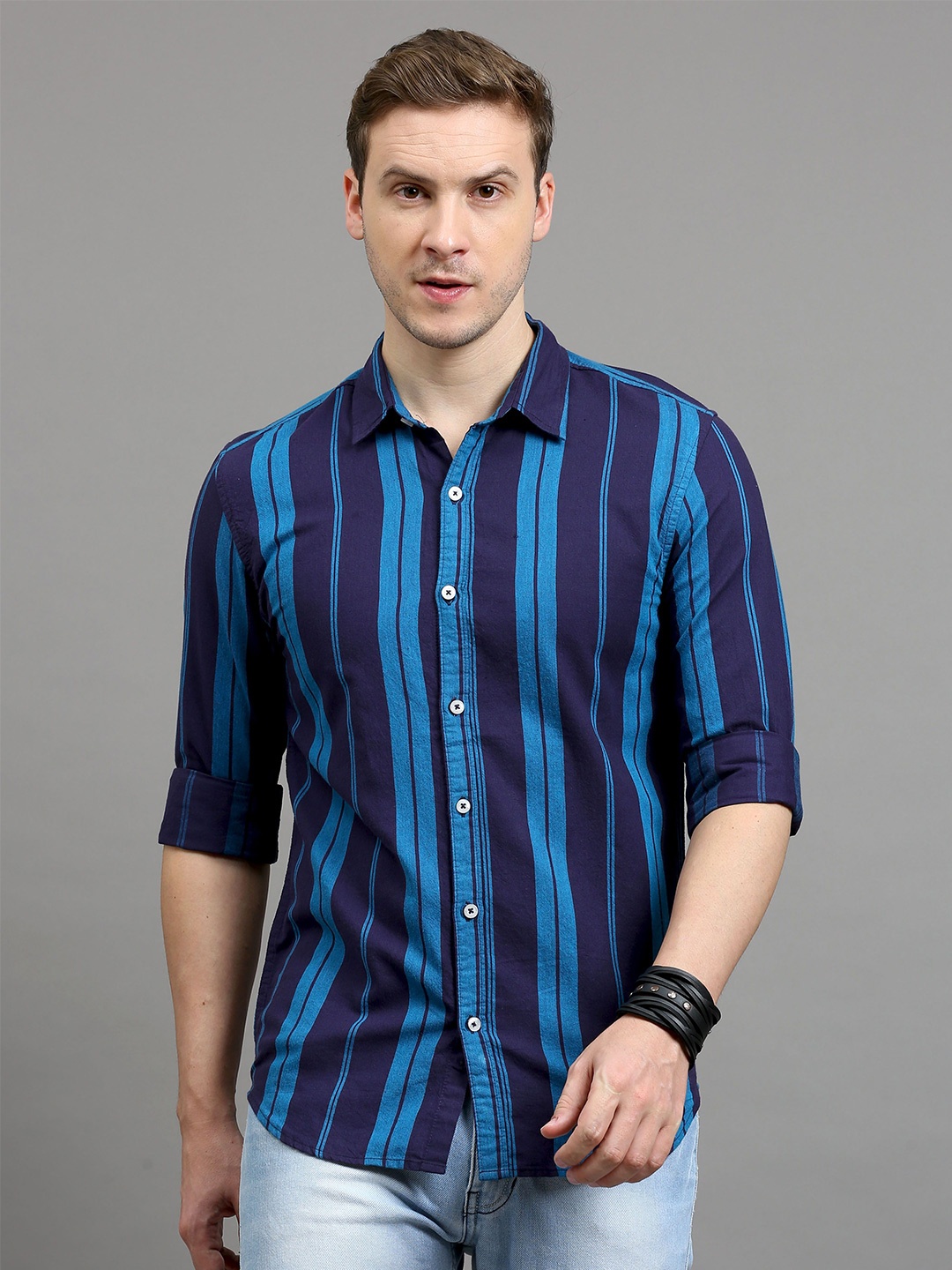 

Rope Men Standard Spread Collar Horizontal Striped Cotton Slim Fit Casual Shirt, Blue