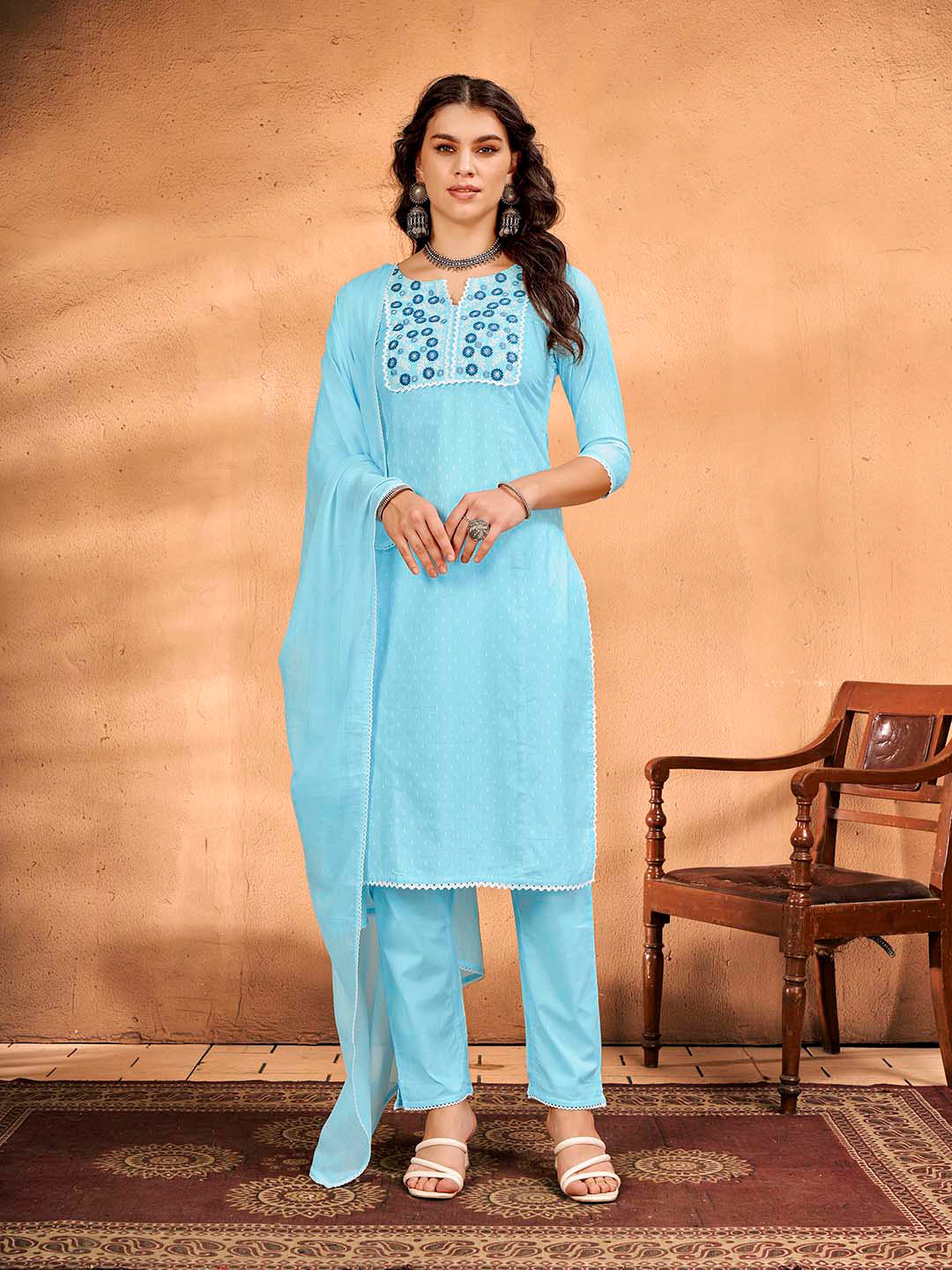 

Anouk Floral Embroidered Thread Work Pure Cotton Straight Kurta With Trousers & Dupatta, Blue