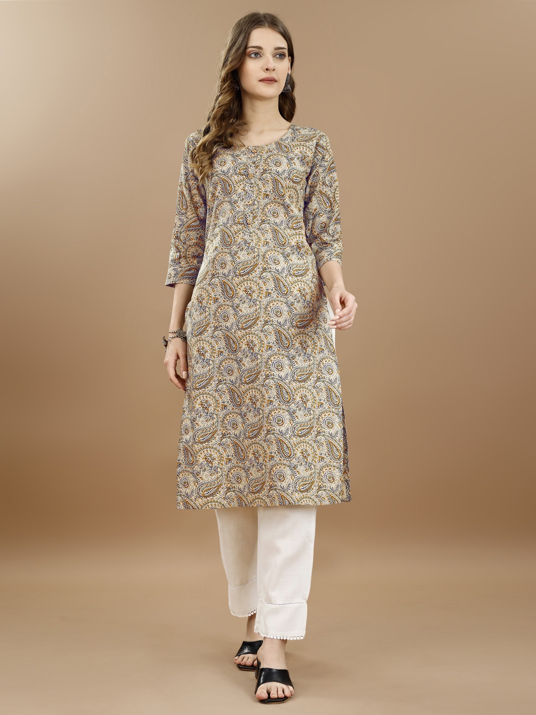 

KUNDAN FAB Women Cotton Paisley Printed Floral Kurta, Beige