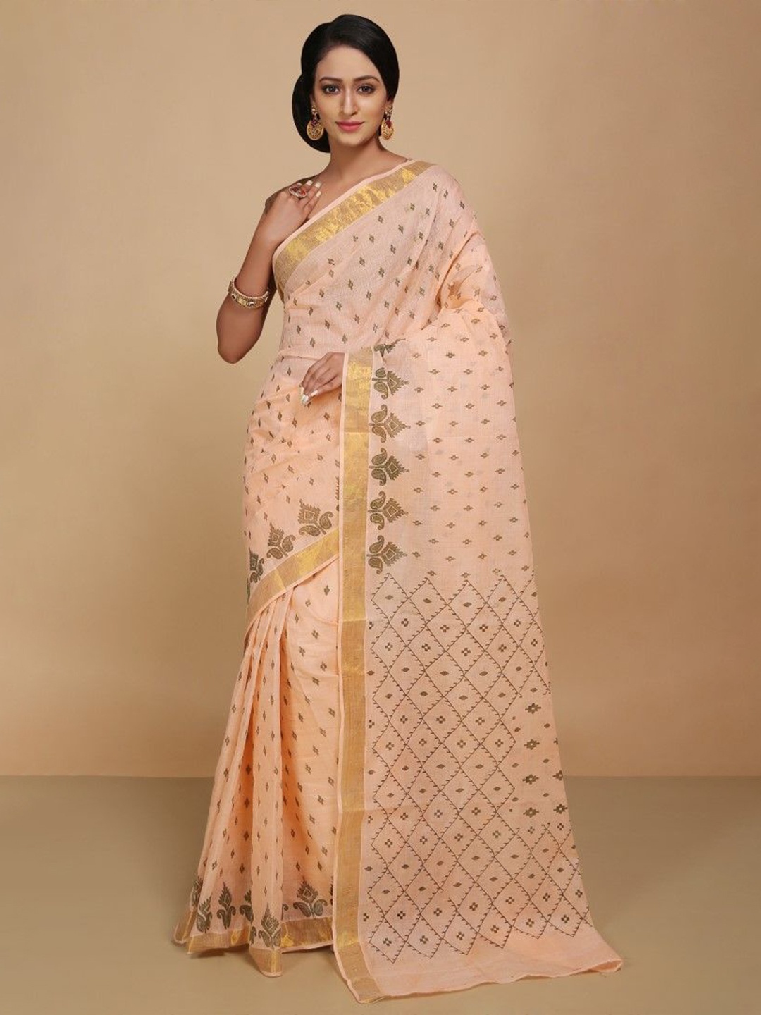 

BENGAL HANDLOOM Zari Pure Cotton Taant Saree, Cream