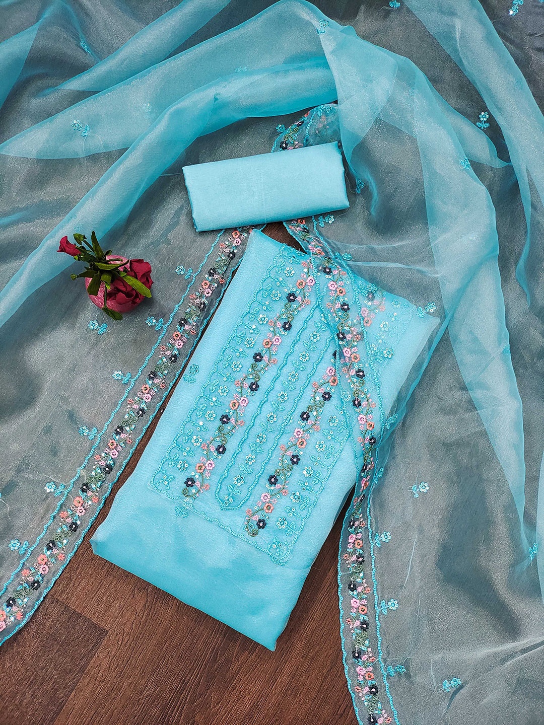 

Maroosh Floral Embellished Sequinned Organza Unstitched Dress Material, Turquoise blue