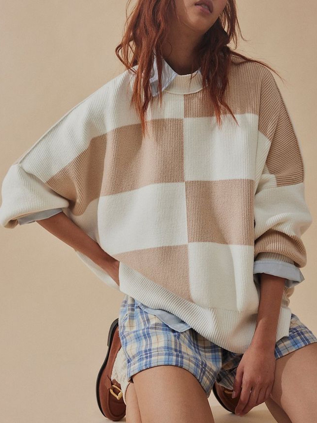 

LULU & SKY Women Checked Round Neck Cotton Pullover Sweater, Camel brown