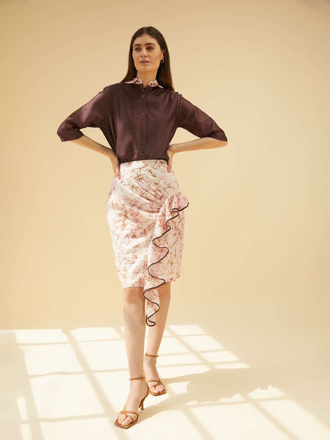 

BETRUE Women Spread Collar Solid Silk Relaxed Fit Casual Shirt, Brown