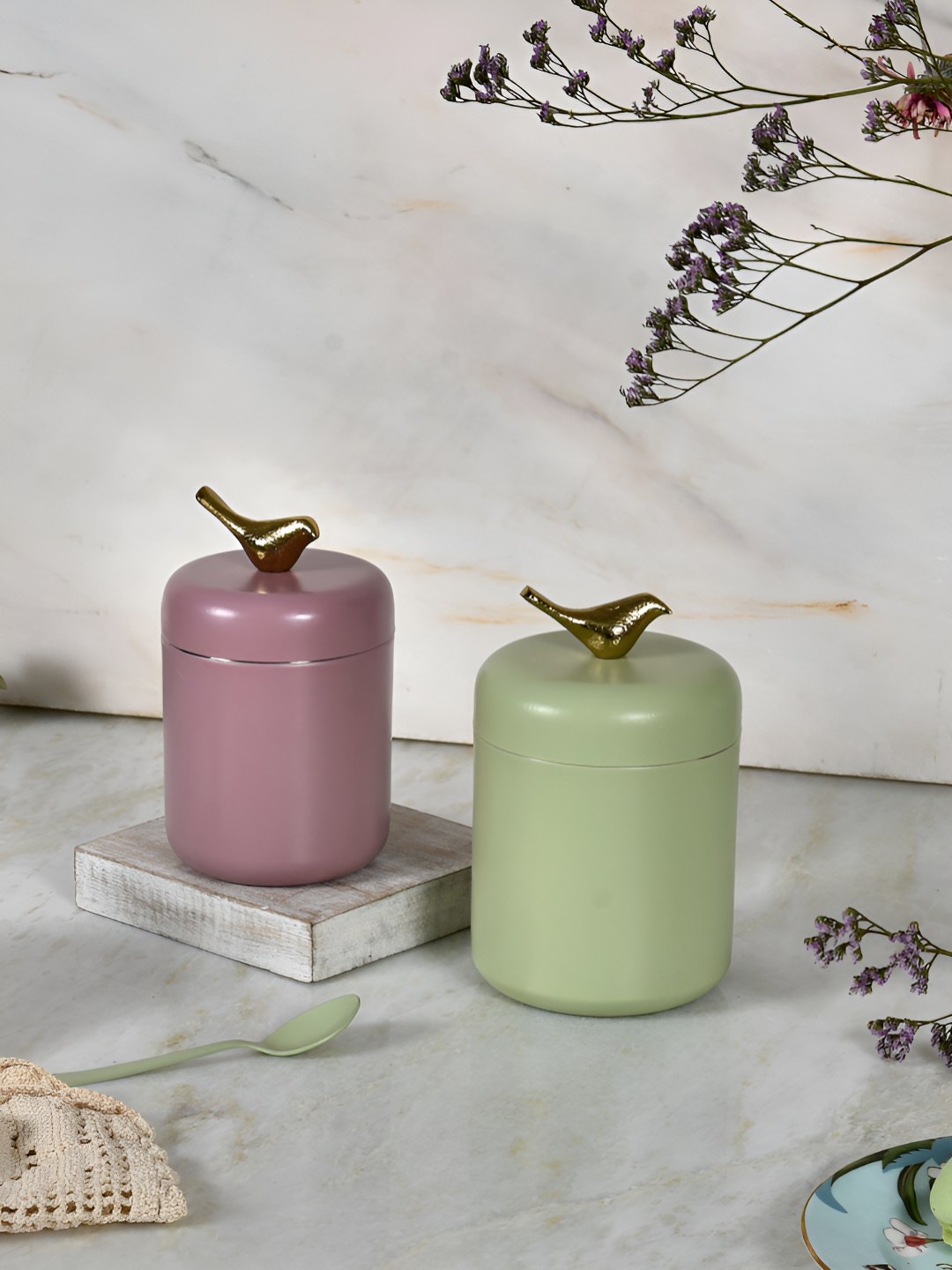 

Living With Elan Green & Mauve 2 Pieces Bird Curve Stainless Steel Canister Container