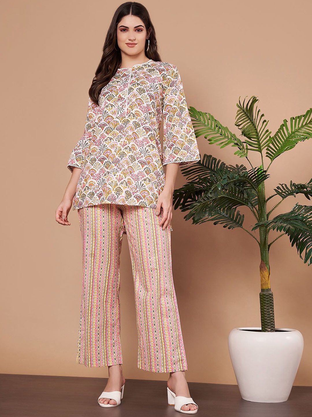 

ETC Floral Printed Pure Cotton Tunic Top With Palazzo, White