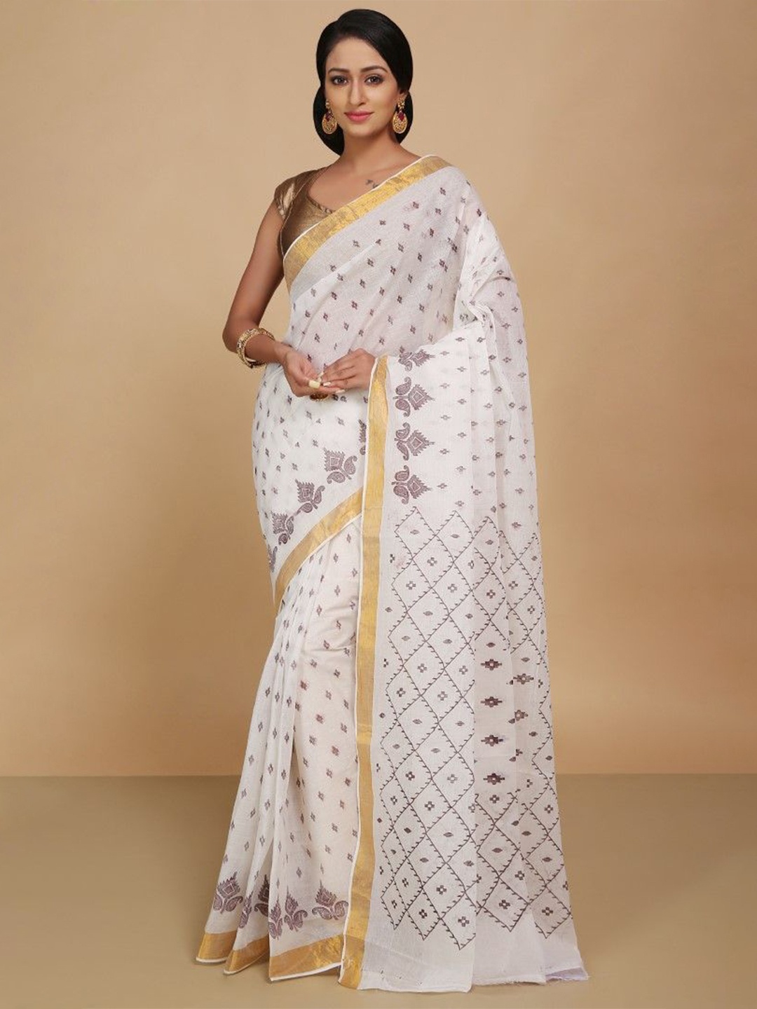 

BENGAL HANDLOOM Zari Pure Cotton Taant Saree, White