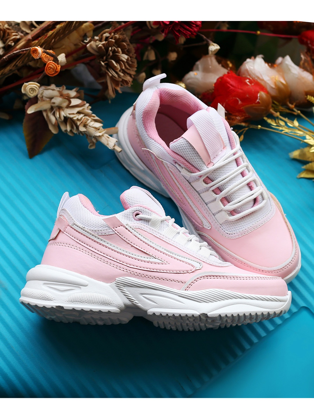 

DressBerry Women Solid Round Toe Lace Up Design Sneakers, Pink