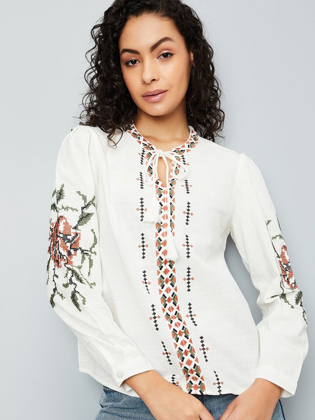 

max Women Floral Embroidered Tie-Up Neck Top, White
