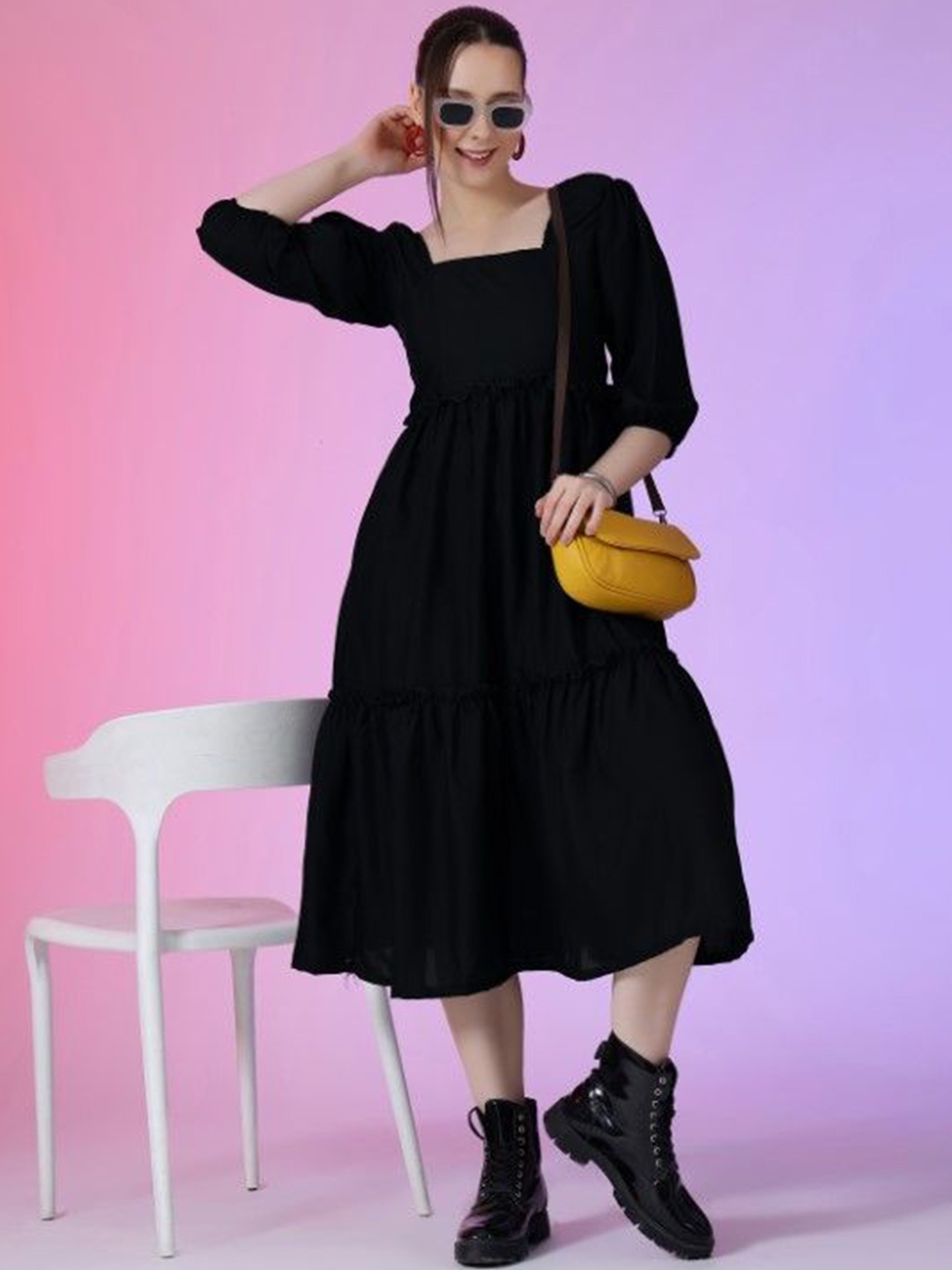 

Femvy Women Puff Sleeve Applique Fit & Flare Dress, Black