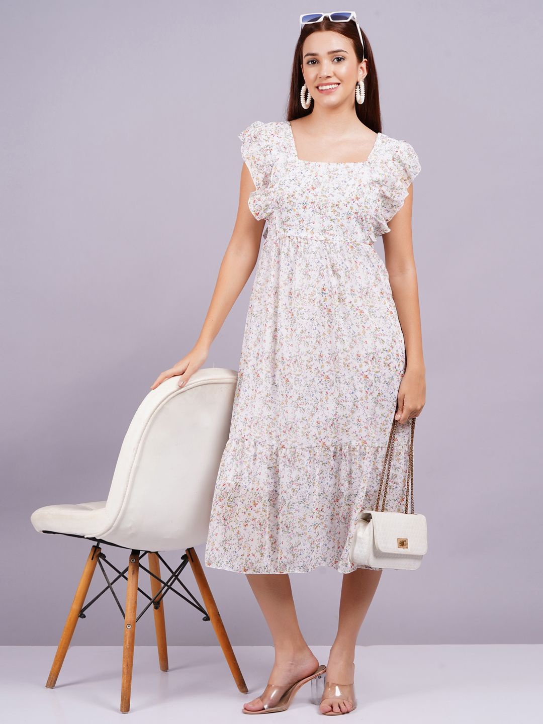 

KALINI Women Floral Printed Flutter Sleeves A-Line Midi Dress, White