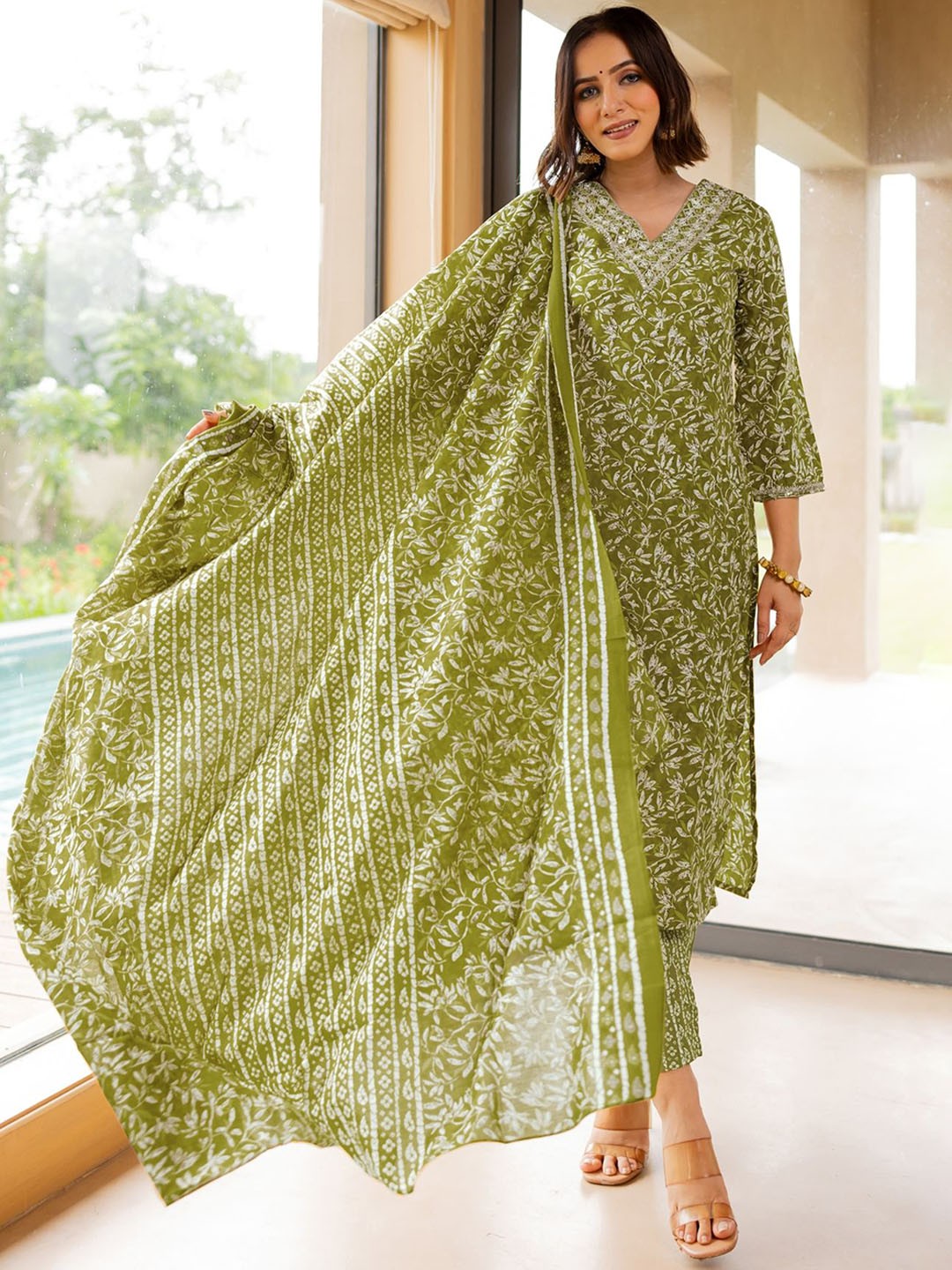 

KALINI Floral Printed Kurta With Trousers & Dupatta, Green