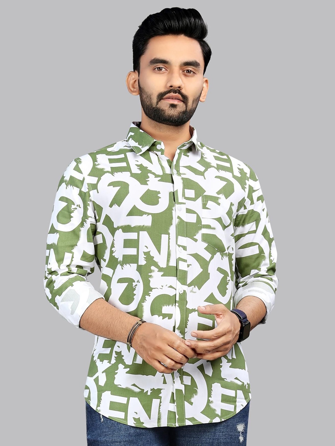 

ADWYN PETER Men Classic Spread Collar Abstract Printed Cotton Casual Shirt, Green