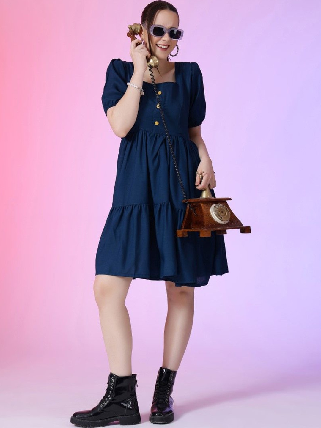 

Raiyani Enterprise women Puff Sleeve Applique Fit & Flare Dress, Blue