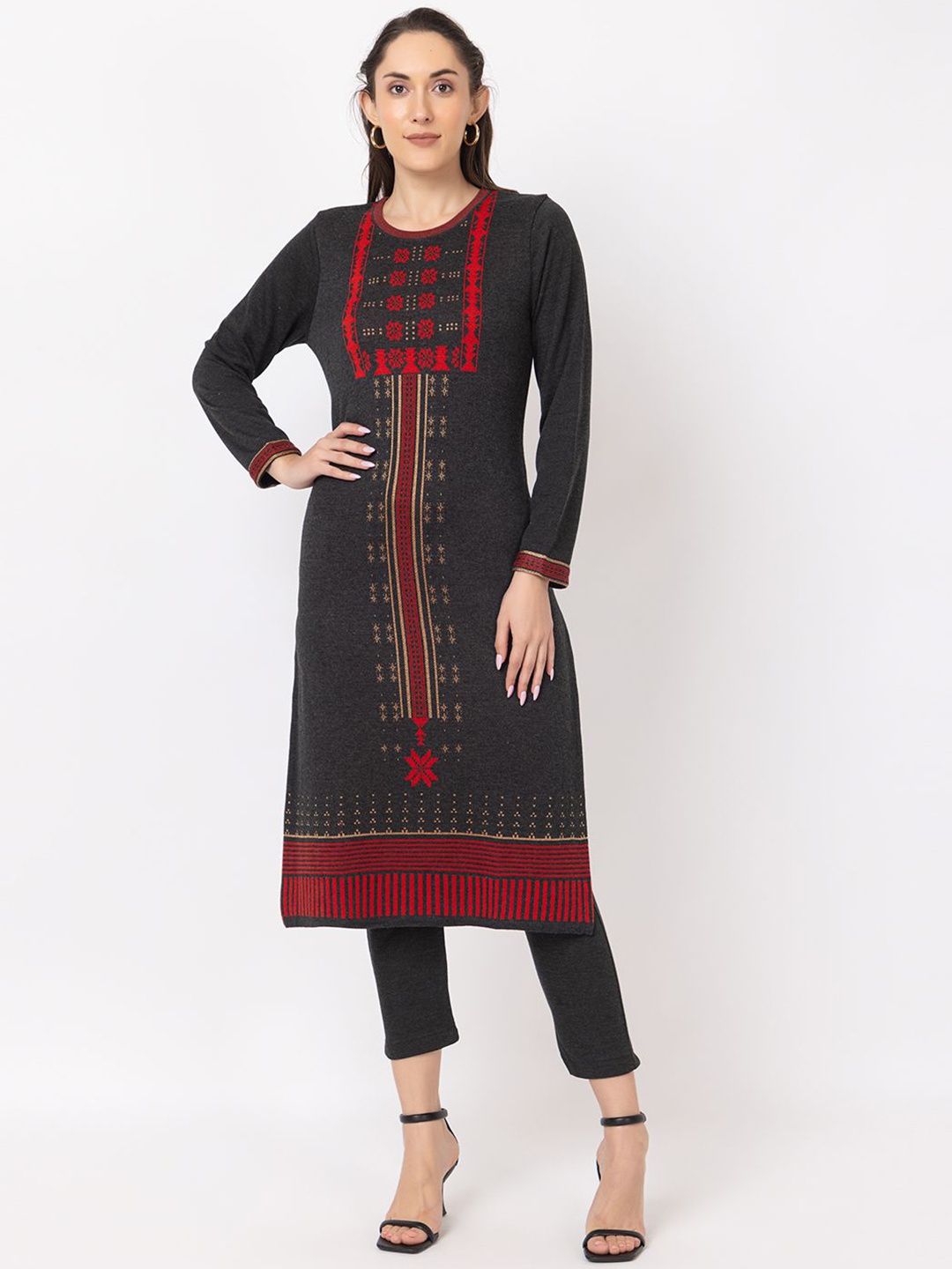 

KEIKO Floral Woven Design Jacquard Knitted Weave Acrylic Straight Kurta, Charcoal