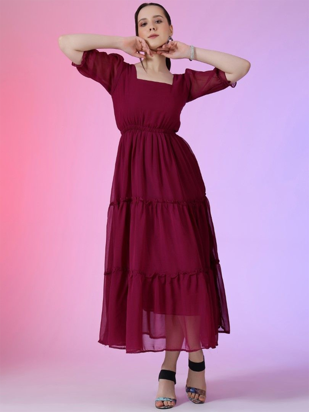 

Femvy Puff Sleeve Applique Georgette Fit & Flare Maxi Dress, Magenta