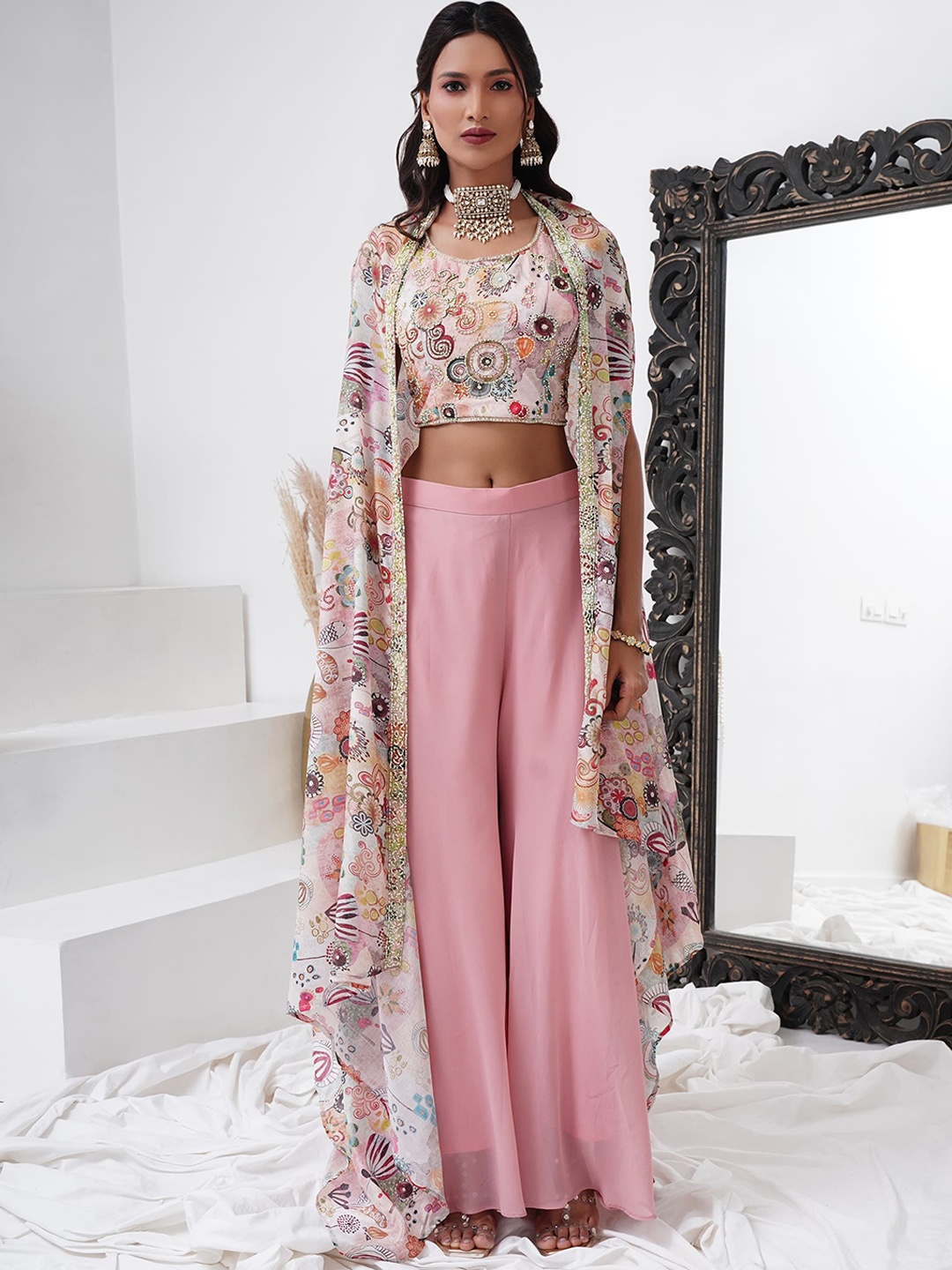 

AMOHA TRENDZ Women Embroidered Crop Top & Palazzo With Shrug Co-Ords, Pink