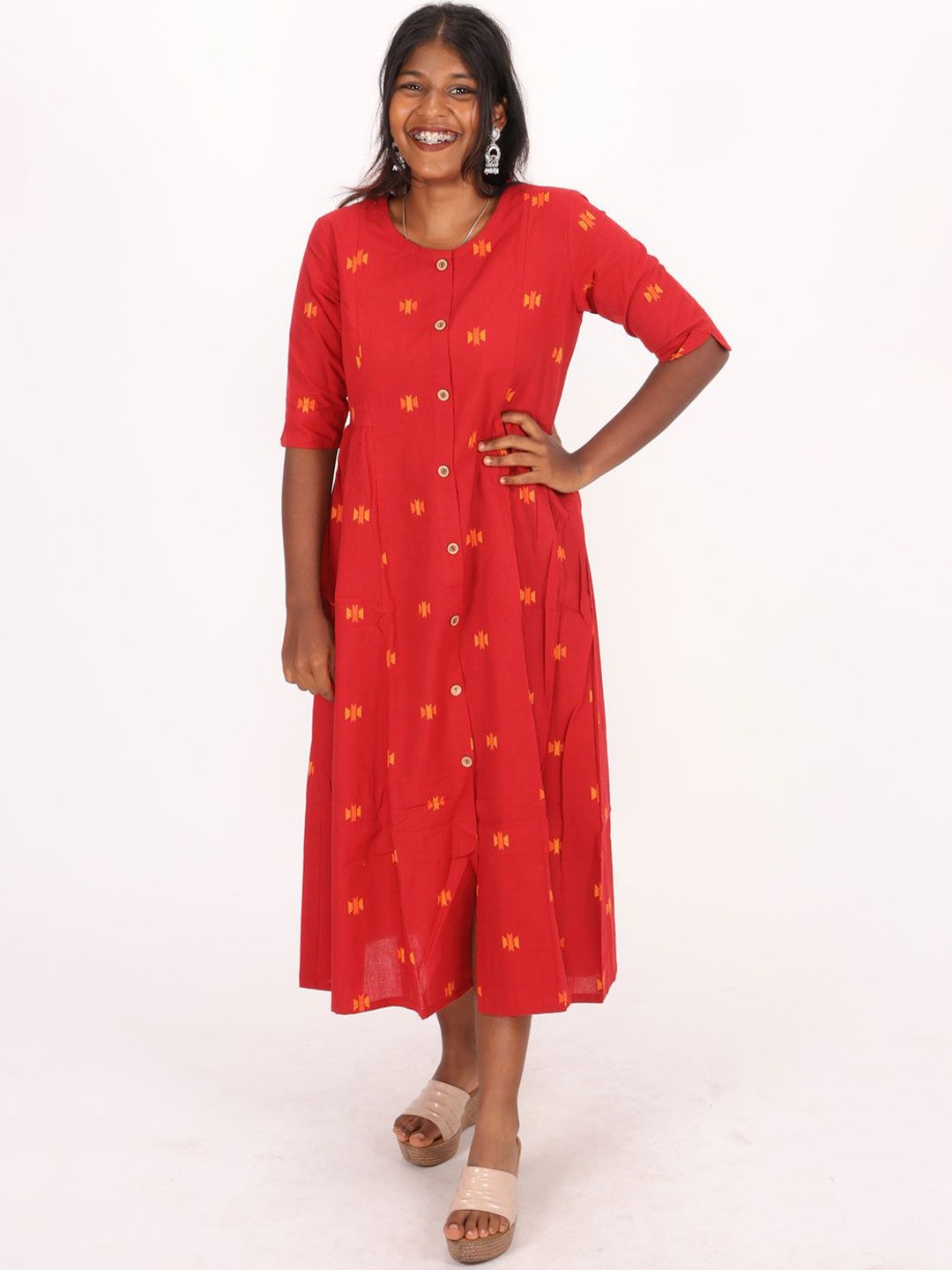 

Avishya Geometric Self Design Pure Cotton A-Line Midi Dress, Maroon