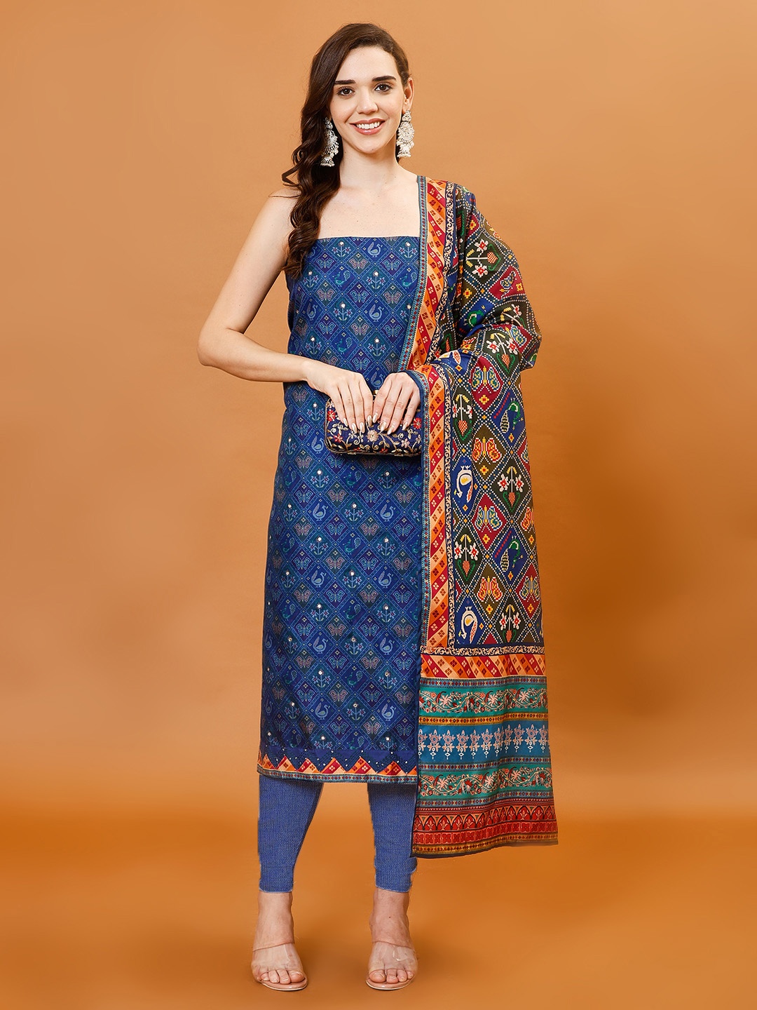

Meena Bazaar Women Mirror Work Embelished Printed Unstitched Dress Material, Blue