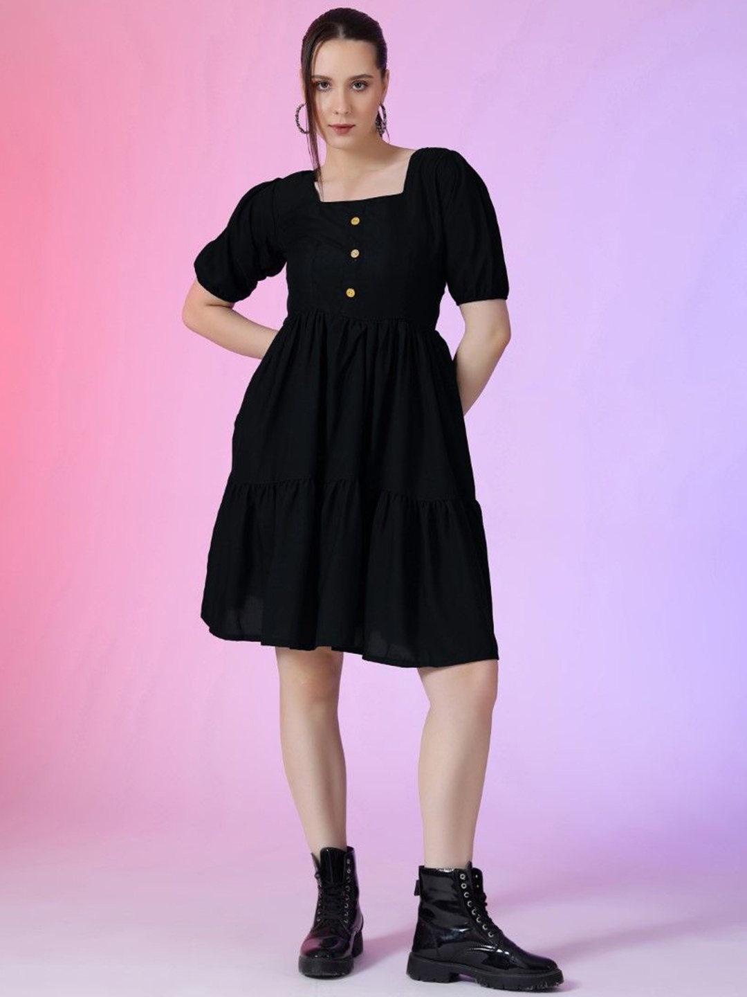 

Femvy Puff Sleeve Applique Fit & Flare Solid Dress, Black