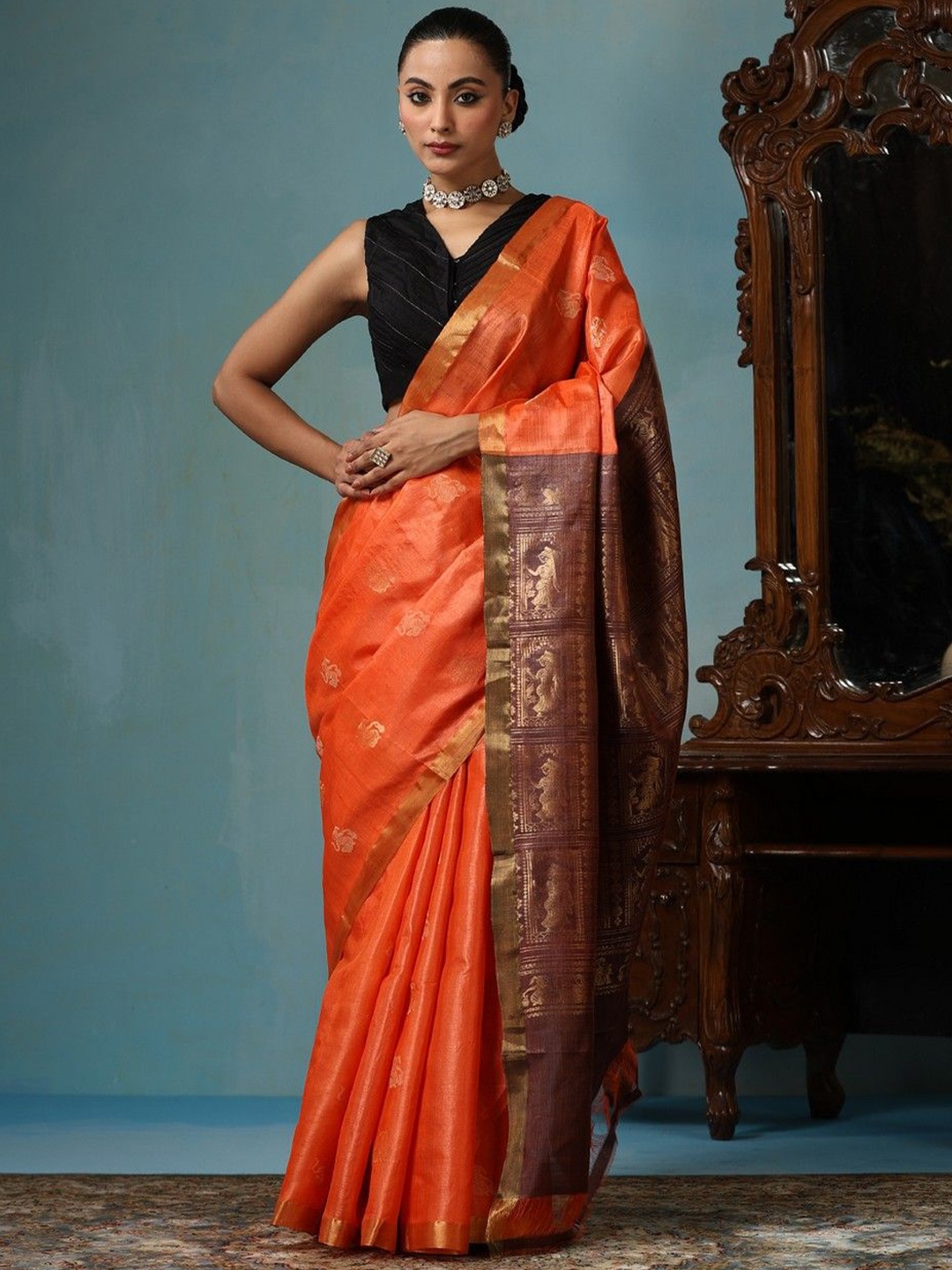 

DUSALA INDIA Woven Design Zari Saree With Blouse Piece, Orange