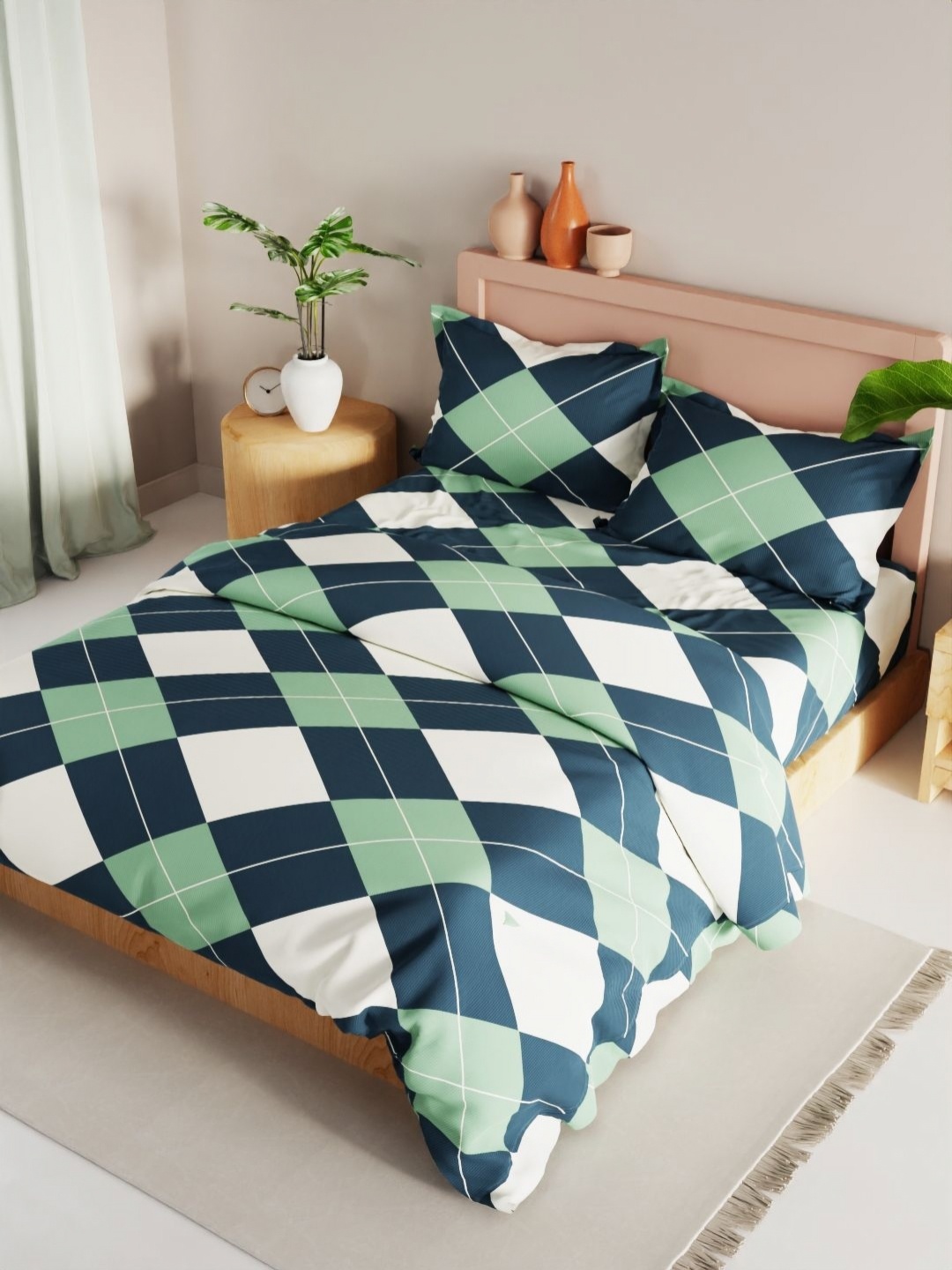 

KOPA Green & White 4 Pieces Geometric Printed Microfiber Double King Regular Bedding Set