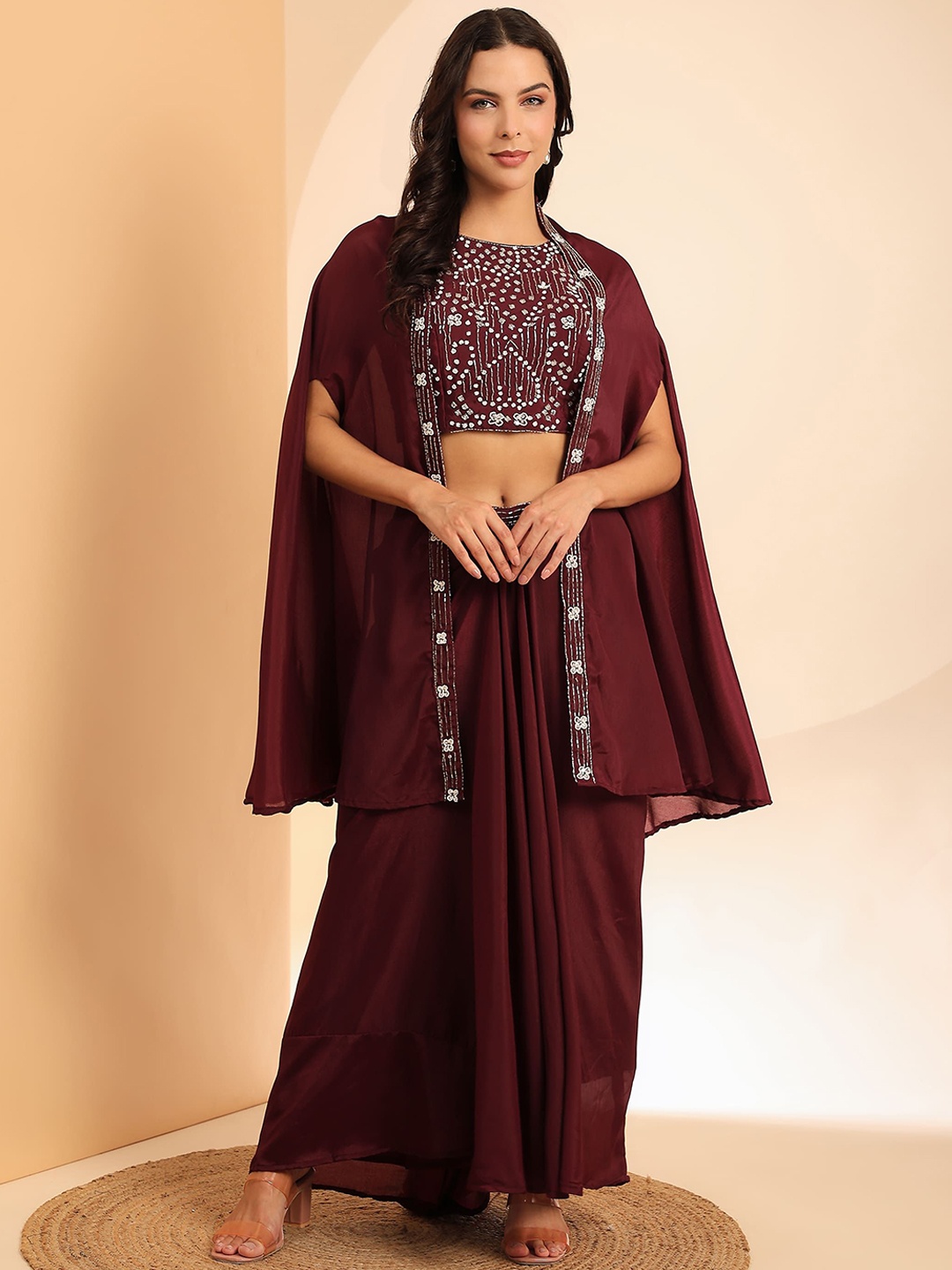 

AMOHA TRENDZ Women Embellished Top & Palazzo With Cape Co-Ords, Purple