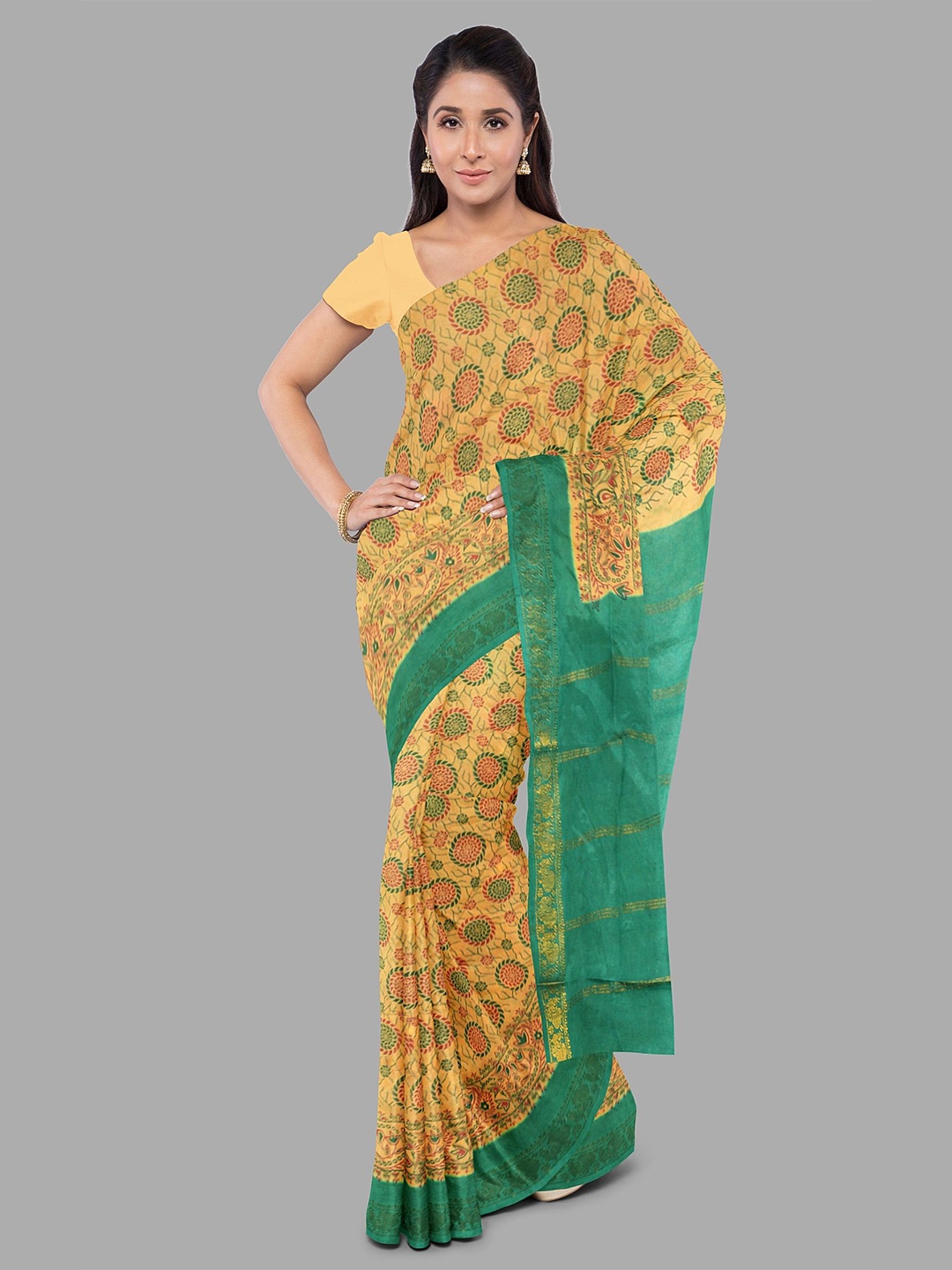 

The Chennai Silks Floral Zari Pure Cotton Sungudi Saree, Beige