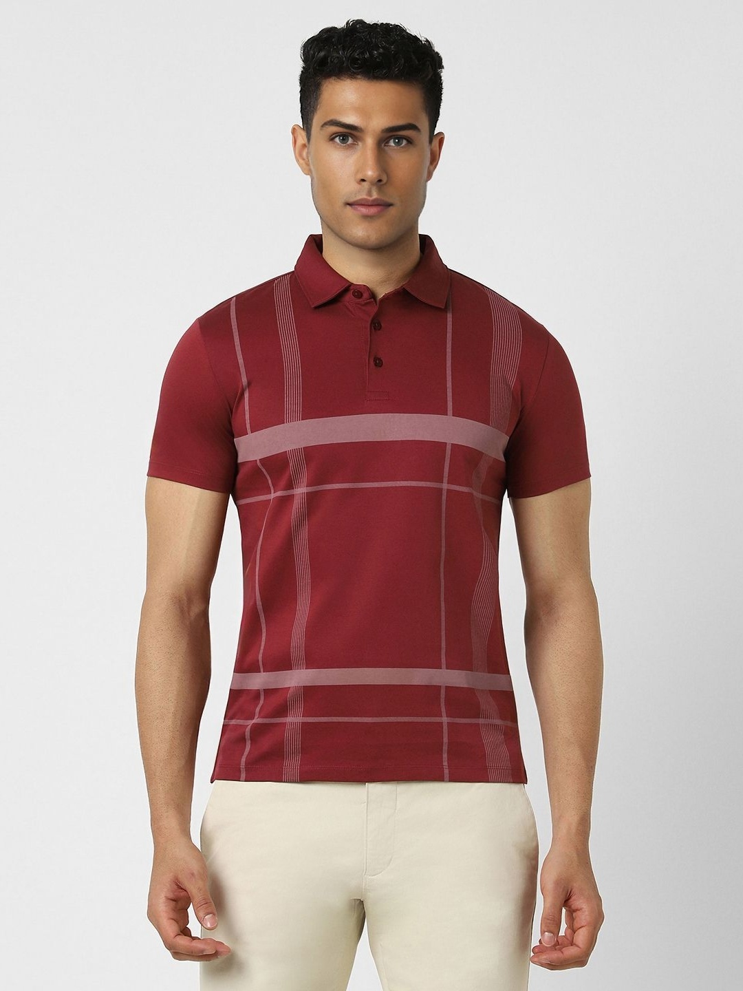 

V Dot Men Striped Printed Polo Collar Cotton Slim Fit T-shirt, Maroon