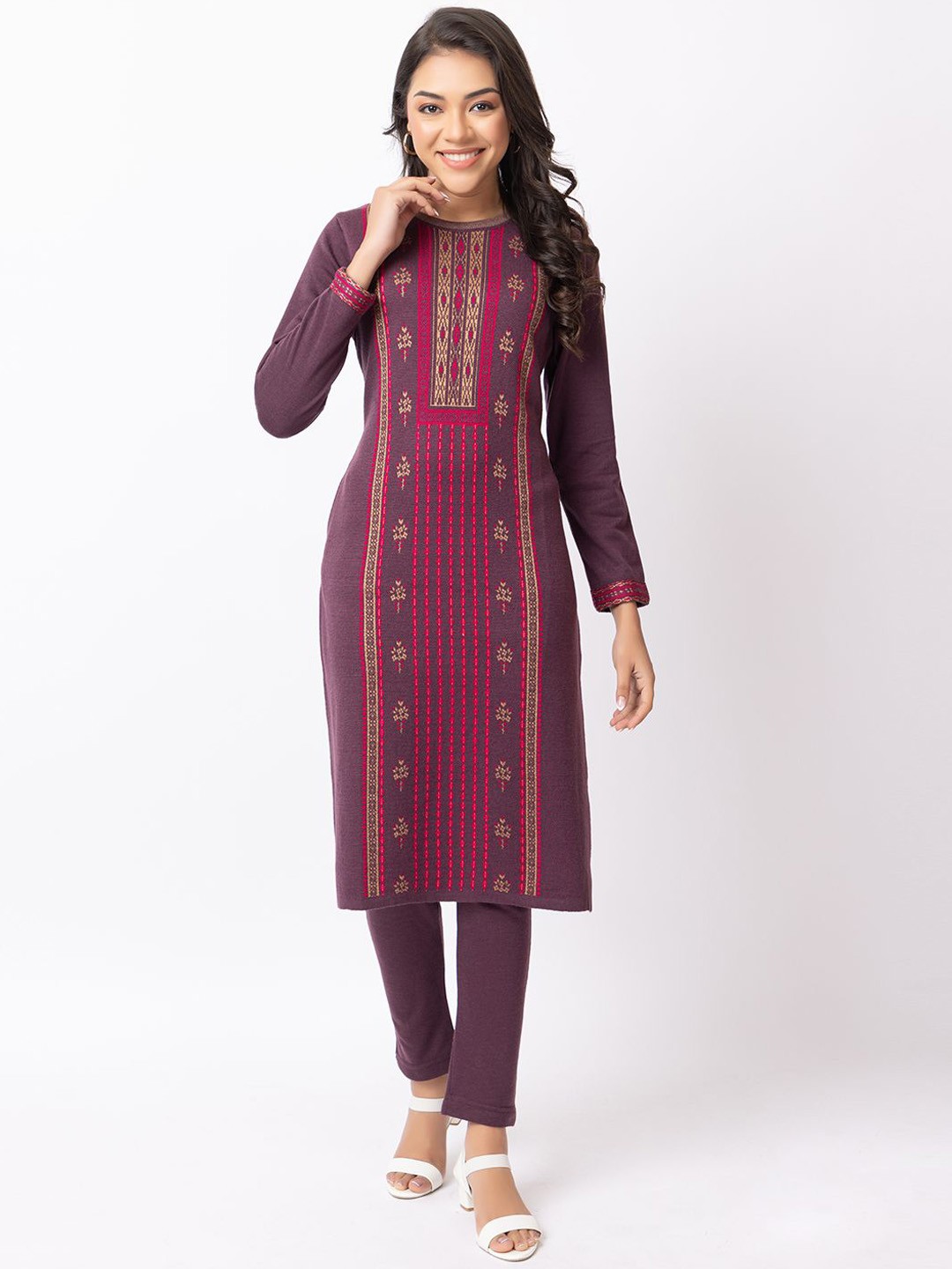 

KEIKO Floral Woven Design Round Neck Acrylic Jacquard Straight Kurta, Violet
