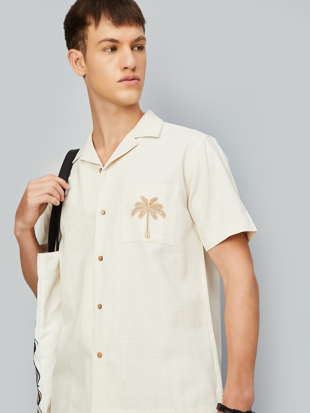 

max Floral Embroidered Cuban Collar Pure Cotton Shirt, Beige