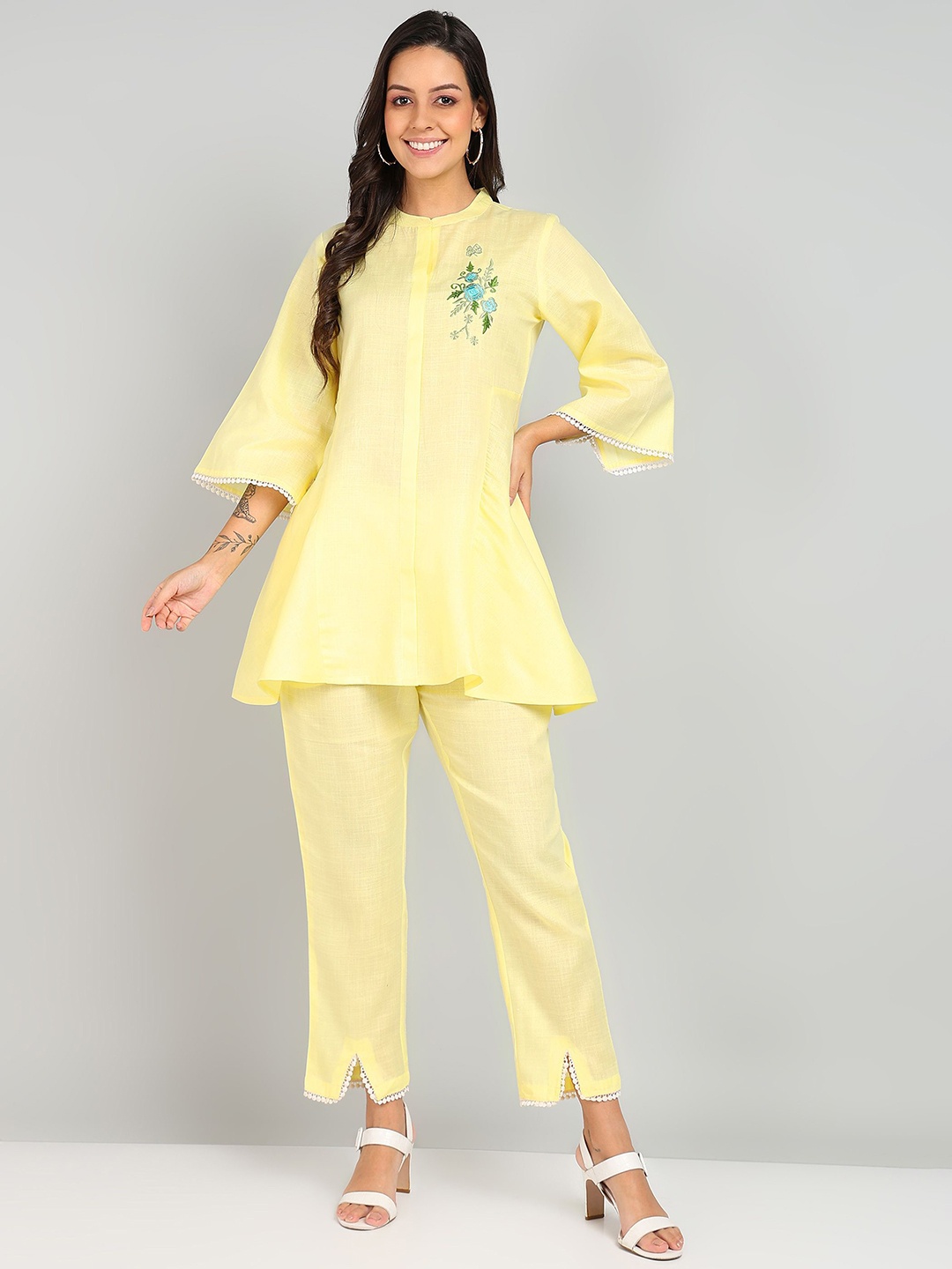 

Shiv ali apparels Women Mandarin Collar Tunic With Trousers Casual Co-Ords Set, Yellow