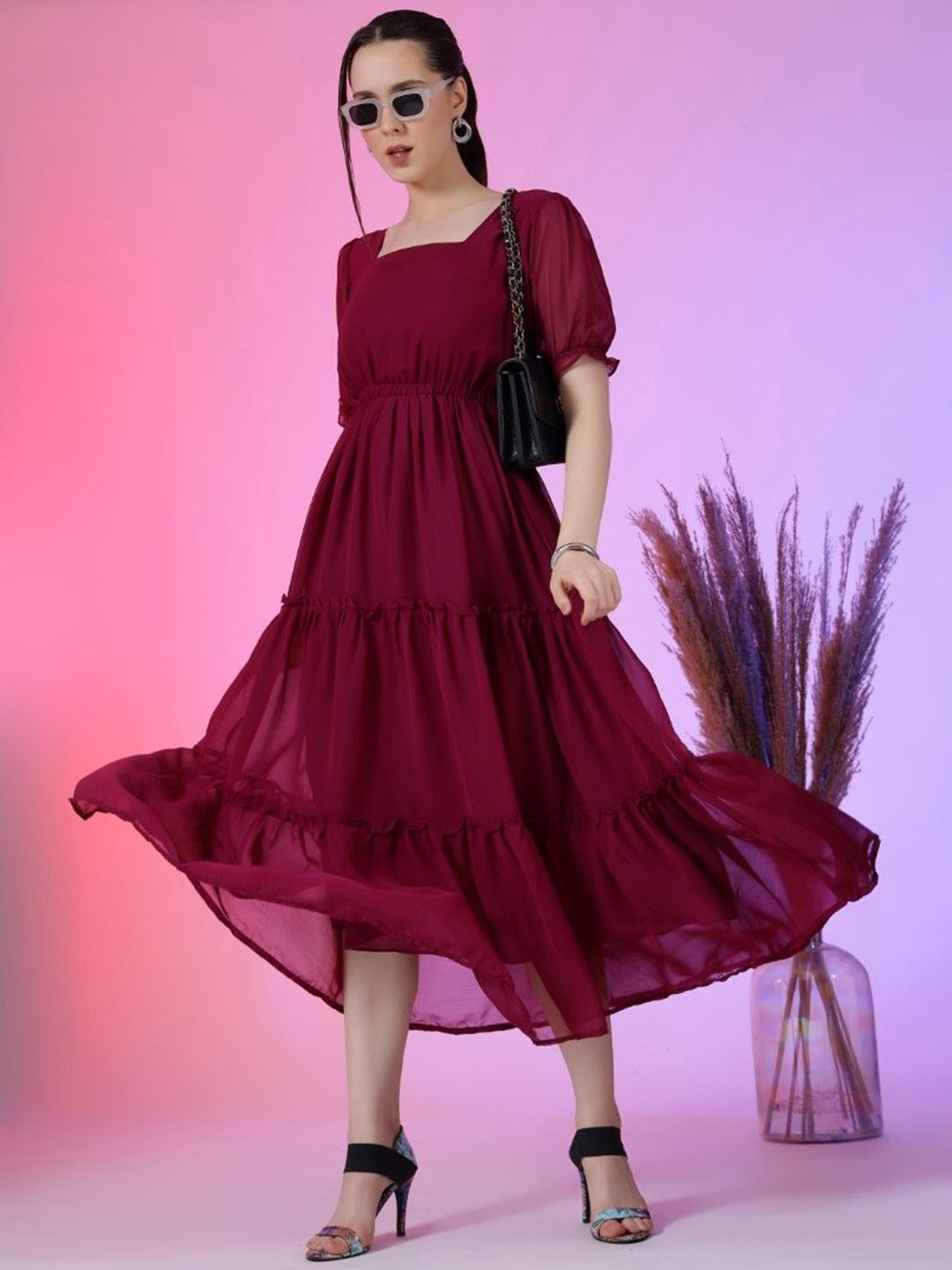

Raiyani Enterprise Solid Fit & Flare Midi Tiered Dress, Magenta