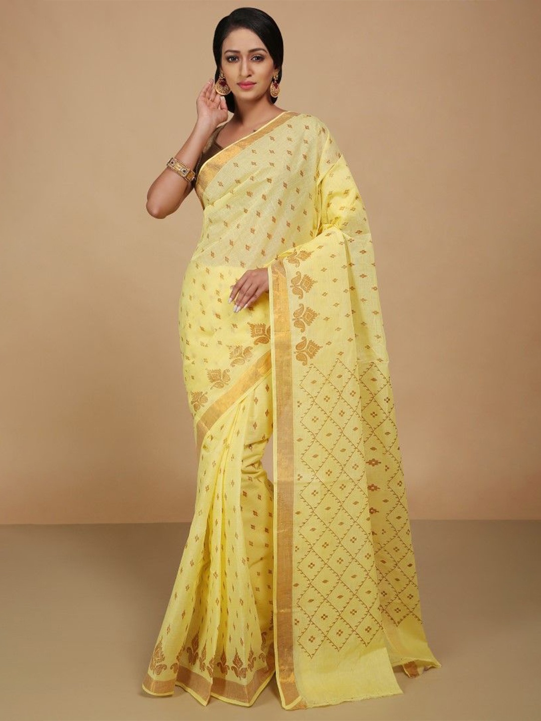 

BENGAL HANDLOOM Zari Pure Cotton Taant Saree, Yellow