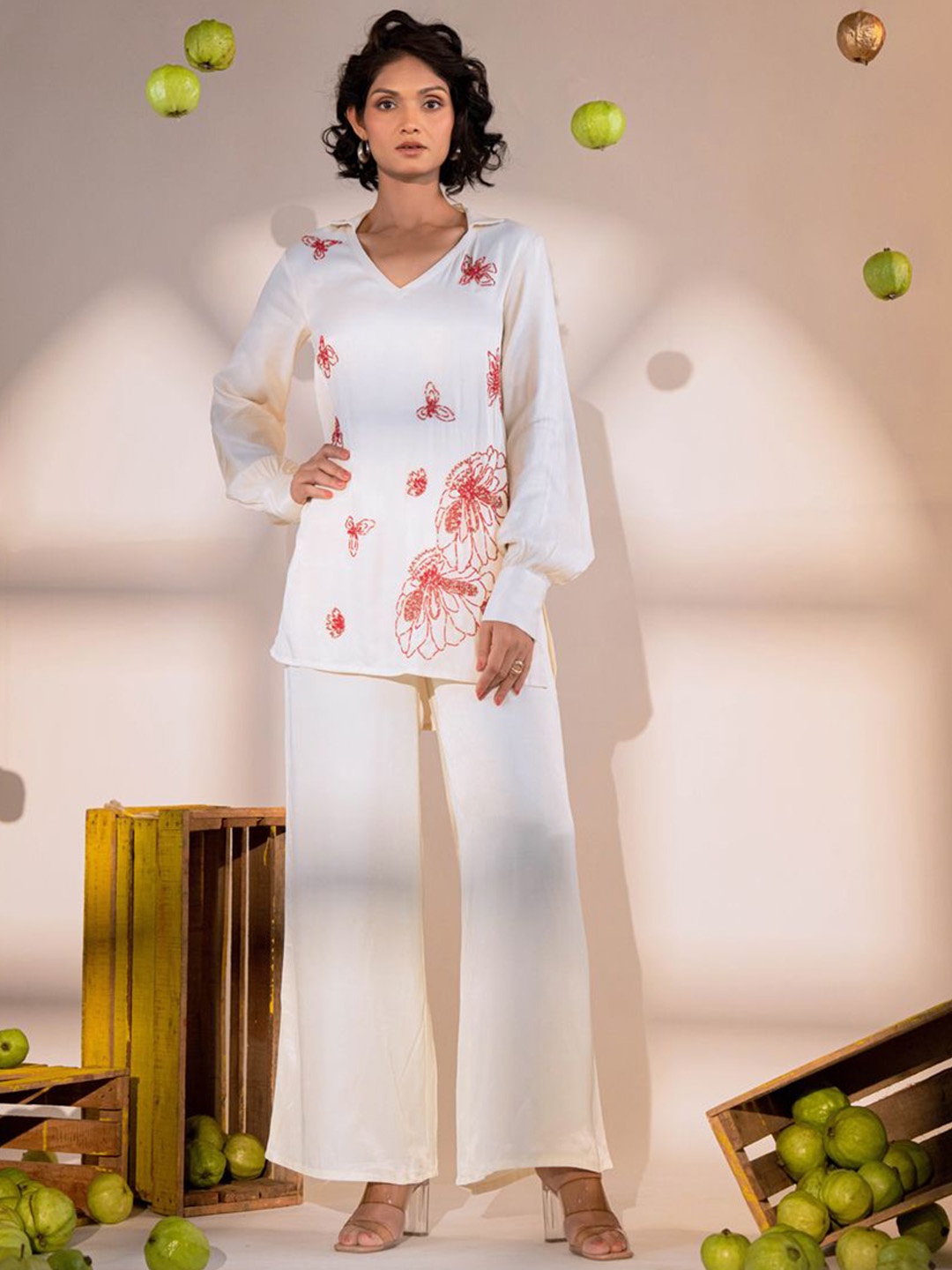 

AMROOD Embroidered V-Neck Top With Palazzo, Off white