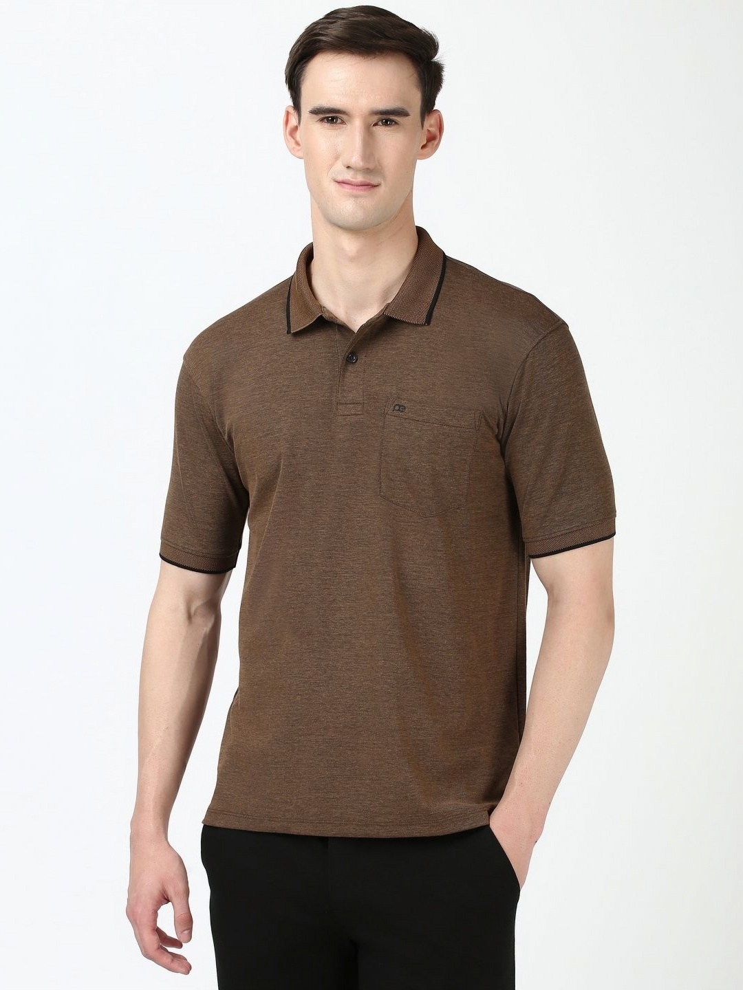 

Peter England Men Self Design Polo Collar Cotton T-shirt, Brown