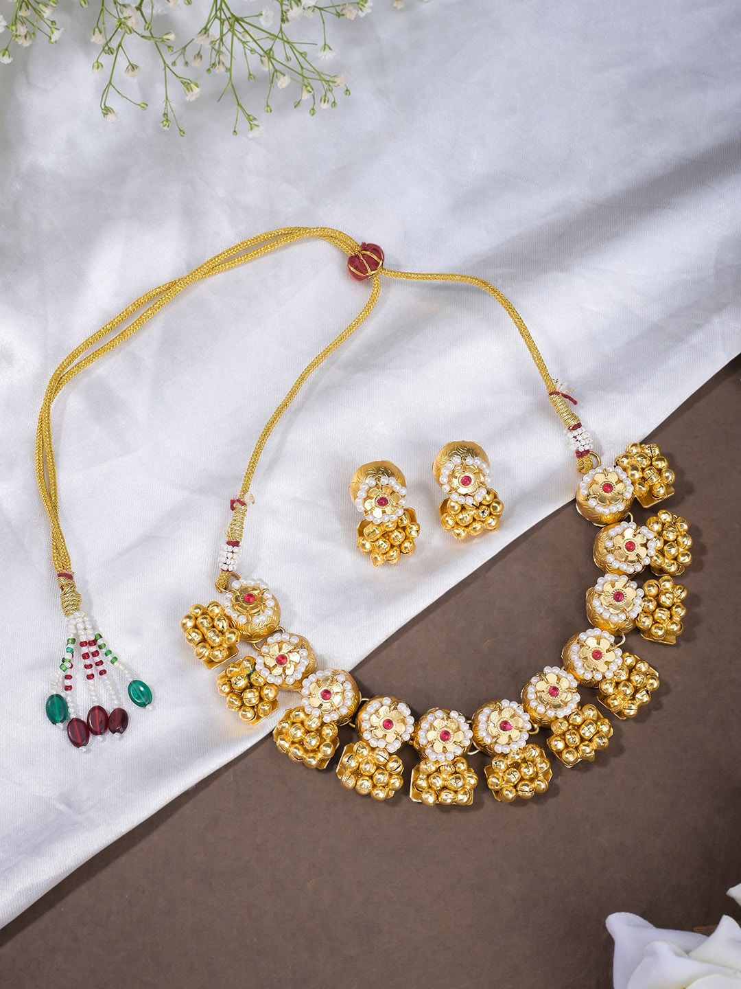 

Designbox Stone Studded & Beaded Necklace & Earrings, Gold