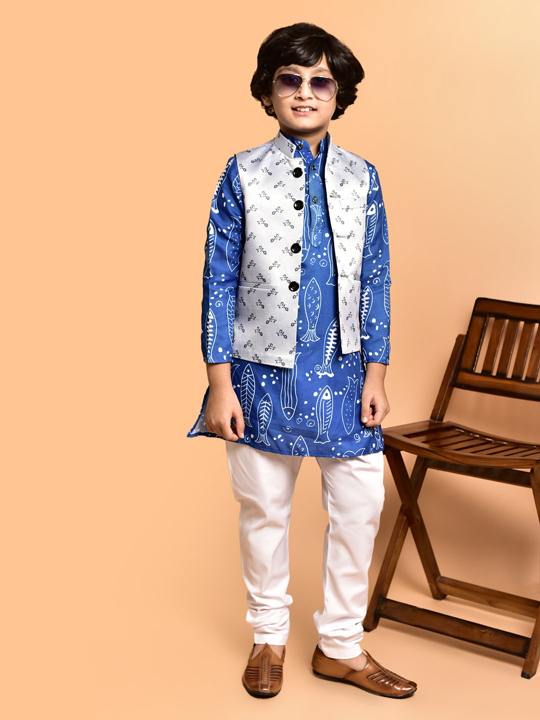 

PRINTCULTR Boys Animal Printed Straight Kurta with Pyjamas, Blue