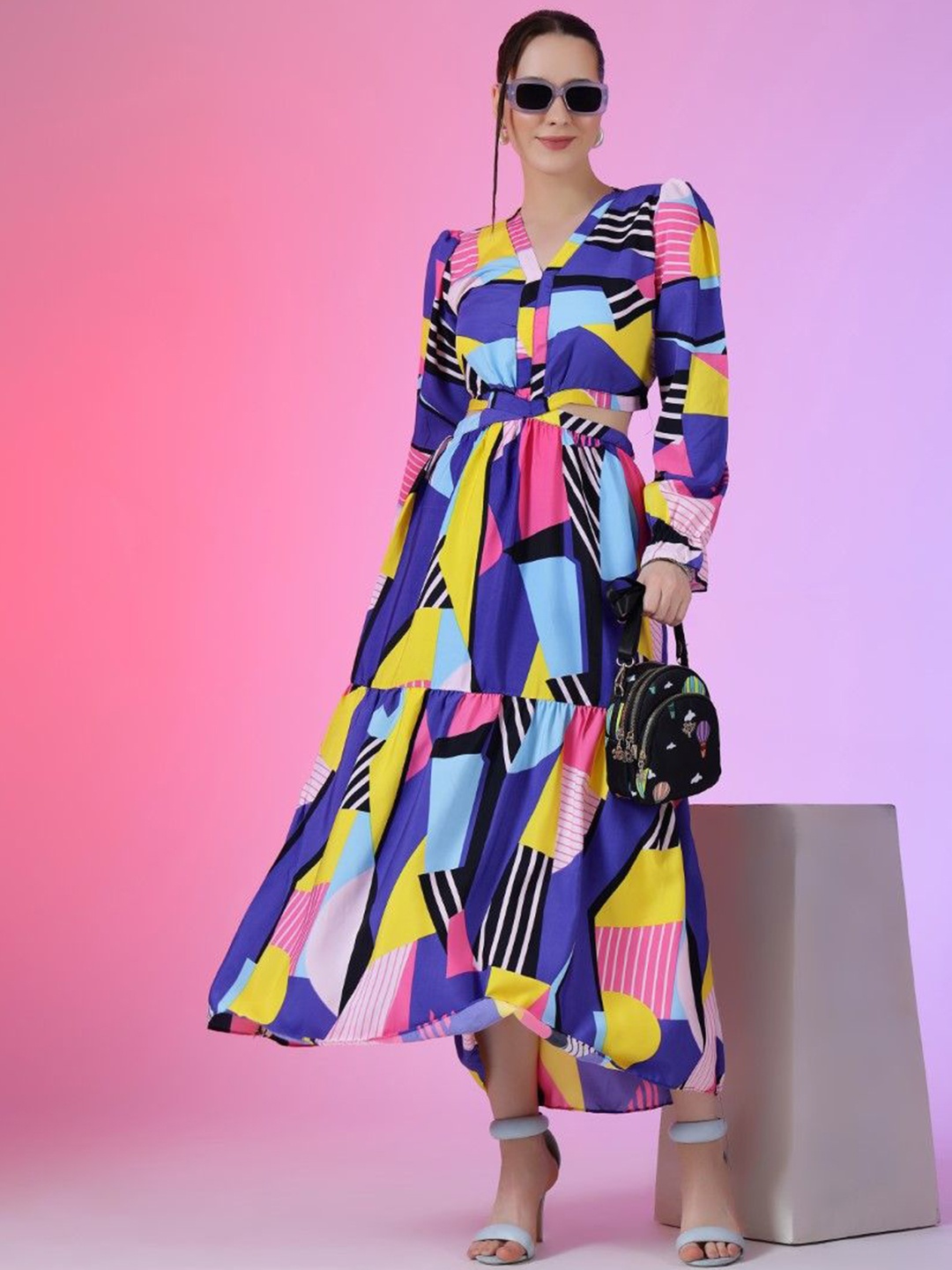 

Krunal Raiyani Women Printed V-Neck Cuffed Sleeves Fit & Flare Maxi Dress, Multi