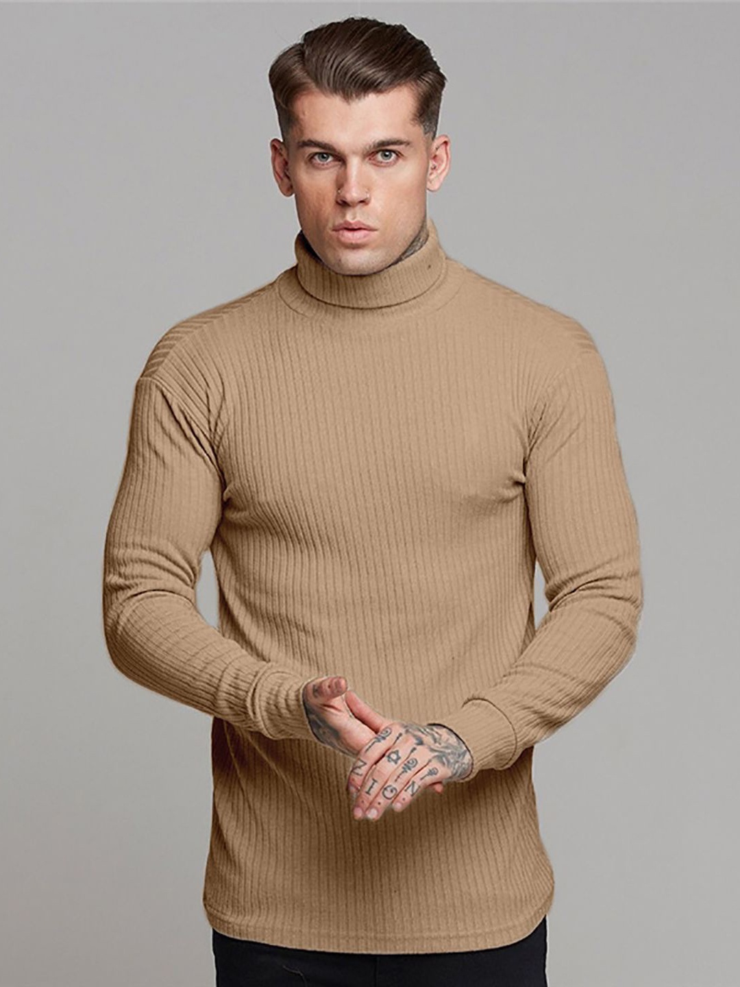 

StyleCast x Revolte Men Ribbed Self Design Turtle Neck Pullover Sweater, Coffee brown