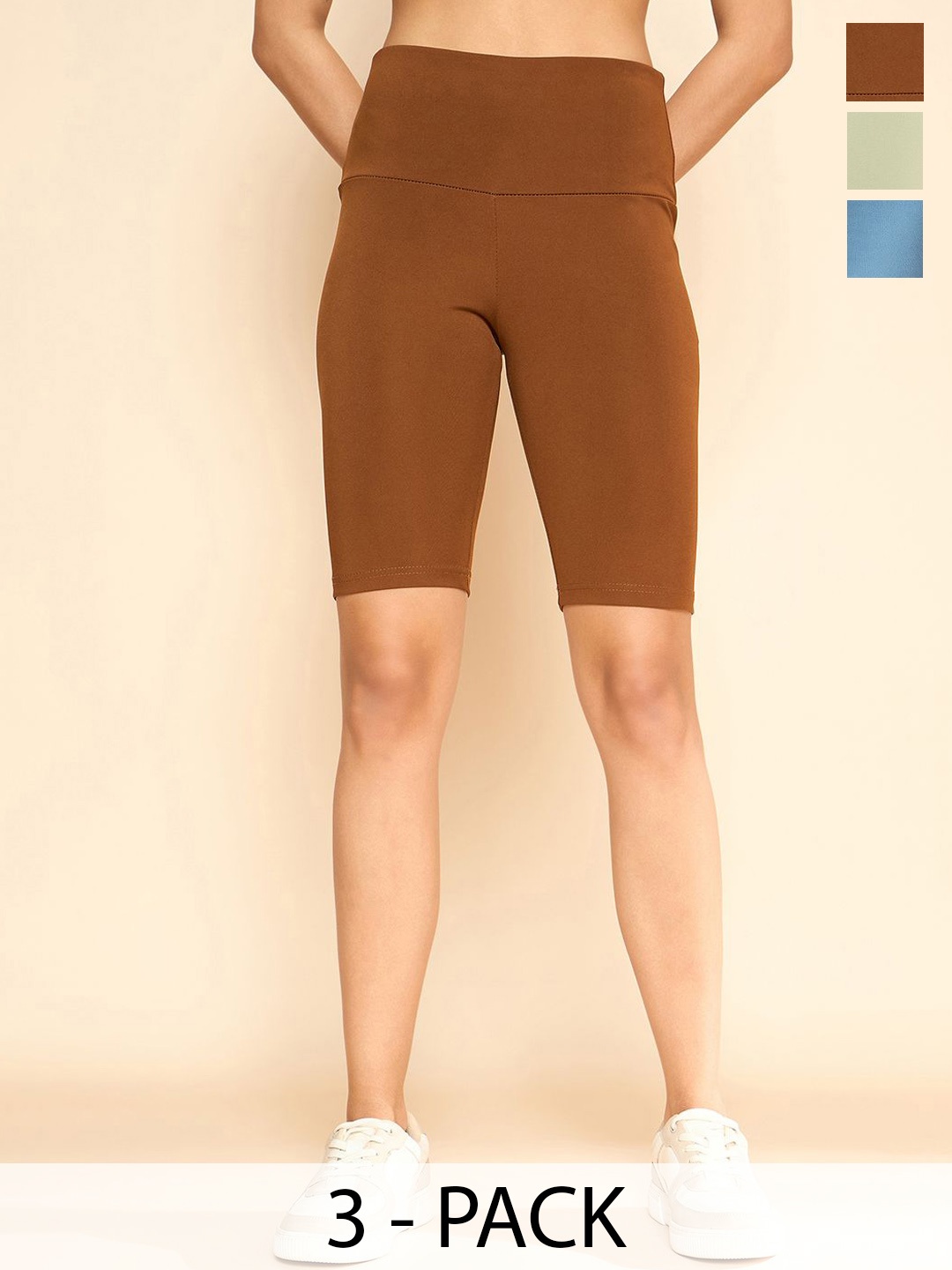 

COLOR CAPITAL Women Pack Of 3 Above Knee-Length Cycling Tights, Brown