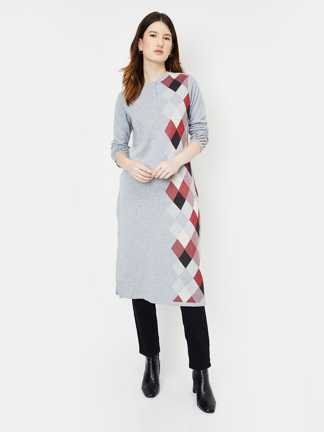 

max Geometric Woven Design Band Collar Straight Kurta, Grey