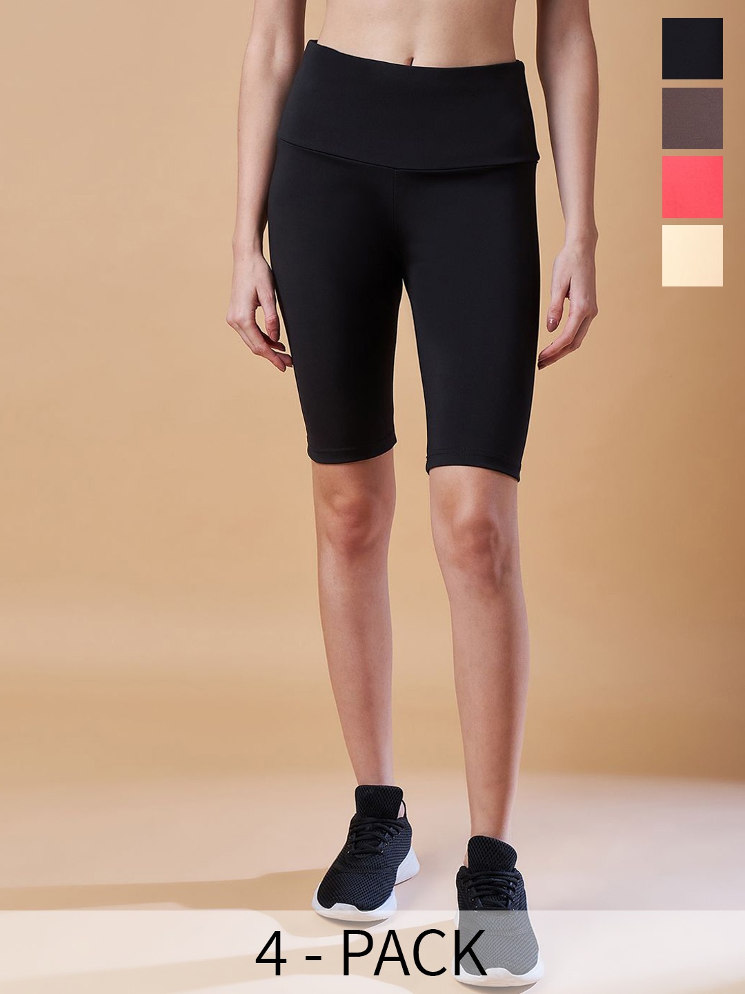 

COLOR CAPITAL Women Pack Of 4 High Rise Above Knee Gym Tights, Black