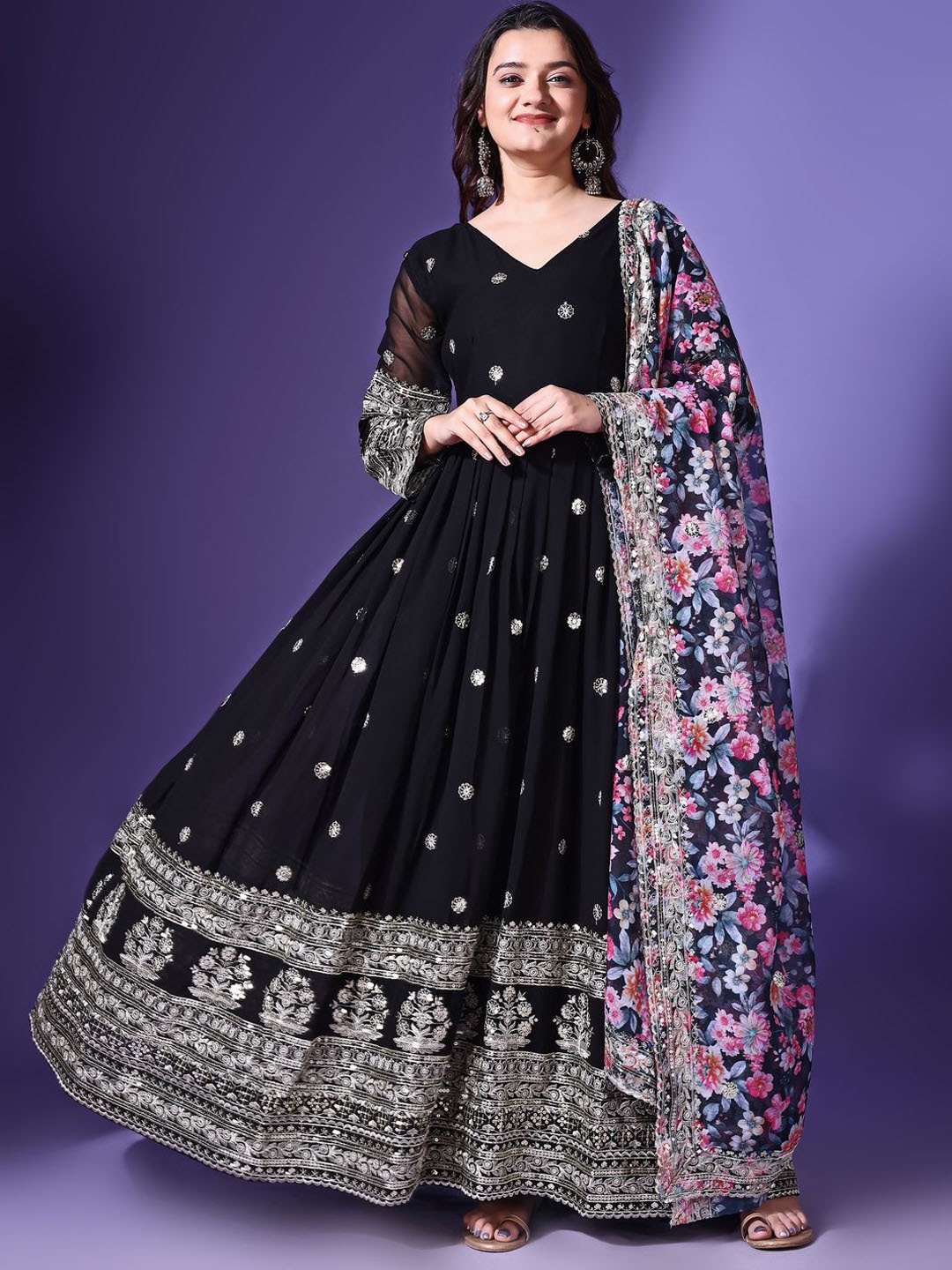 

KALINI Floral Embroidered Sequinned V Neck Georgette Anarkali Kurta, Black