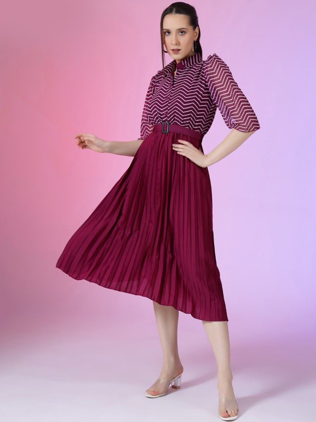 

Femvy Striped Printed Puff Sleeve Fit & Flare Maxi Dress, Magenta