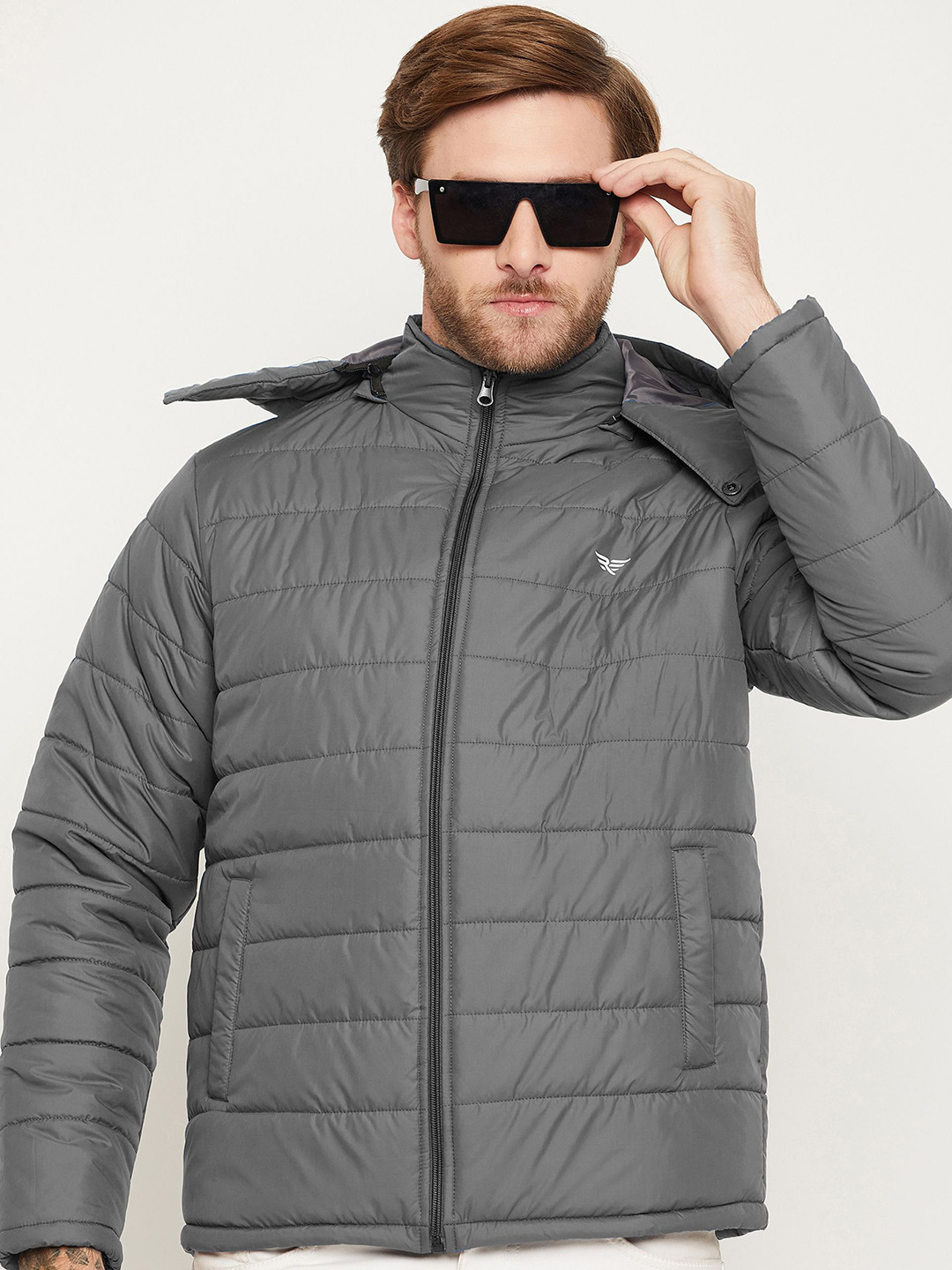 

RISS Men Mock Collar Solid Casual Padded Jacket, Grey