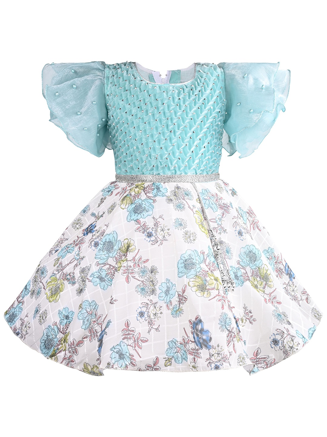 

Wish Karo Girl Floral Print Flared Sleeve Fit & Flare Dress, Sea green